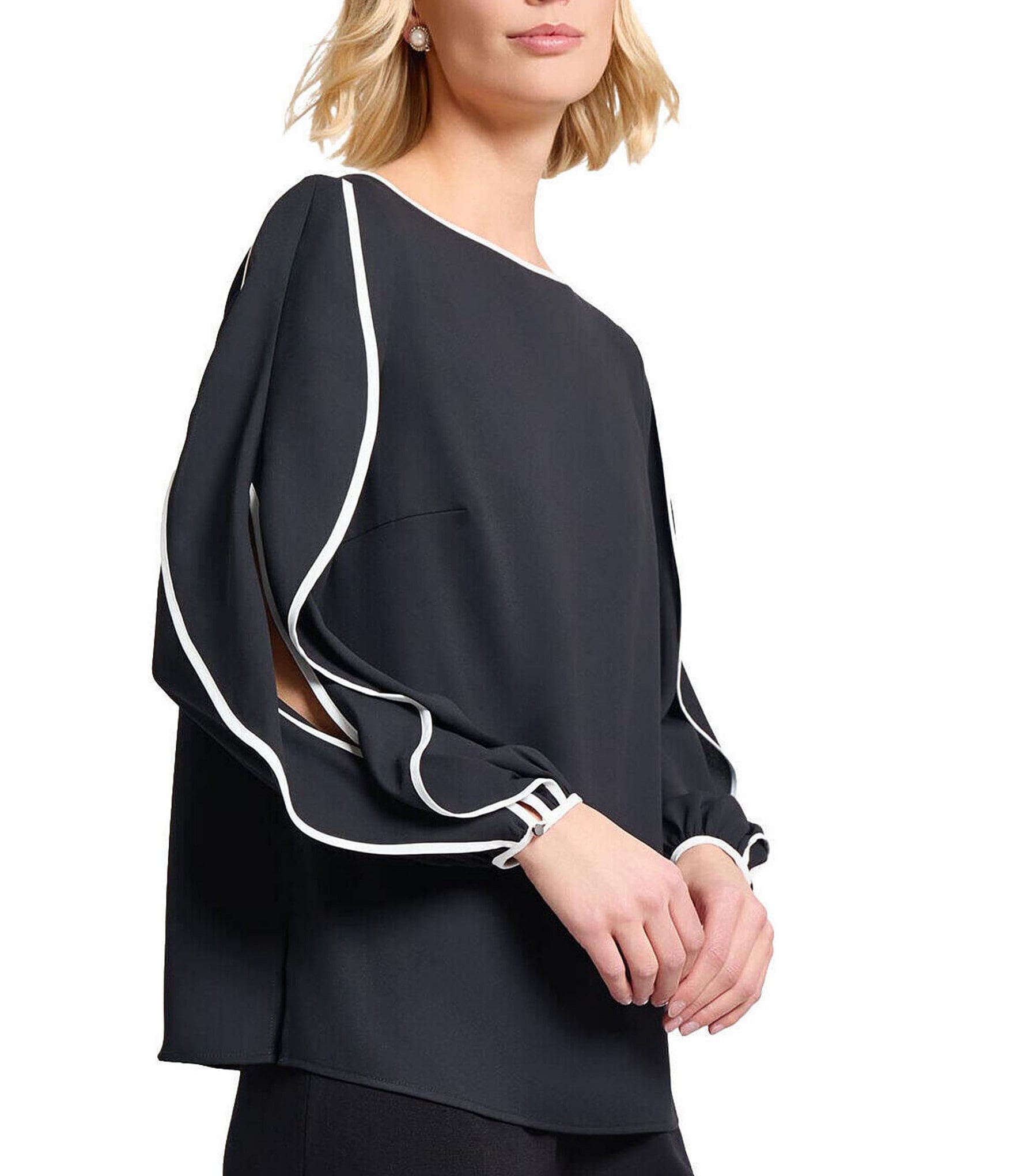 MISOOK Contrast Trim Crepe Boat Neck Butterfly Sleeve Blouse