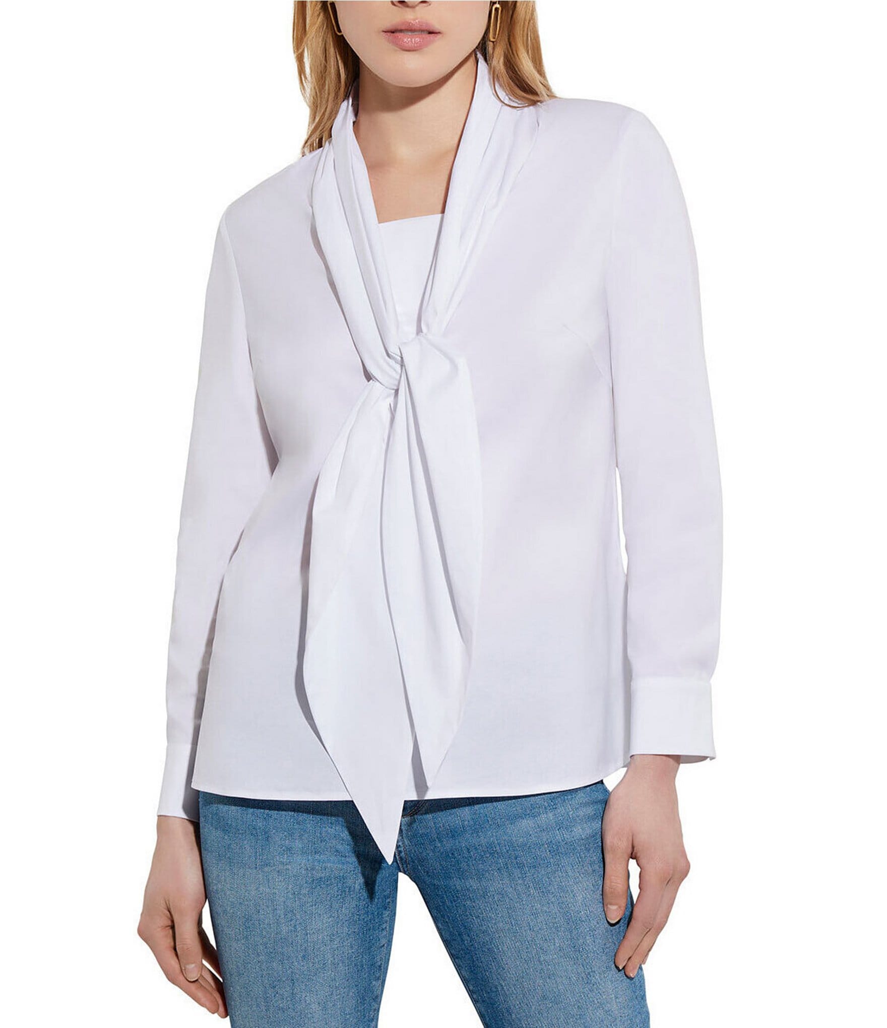 MISOOK Cotton Poplin Mandarin Tie Neck Long Sleeve Blouse | Dillard's