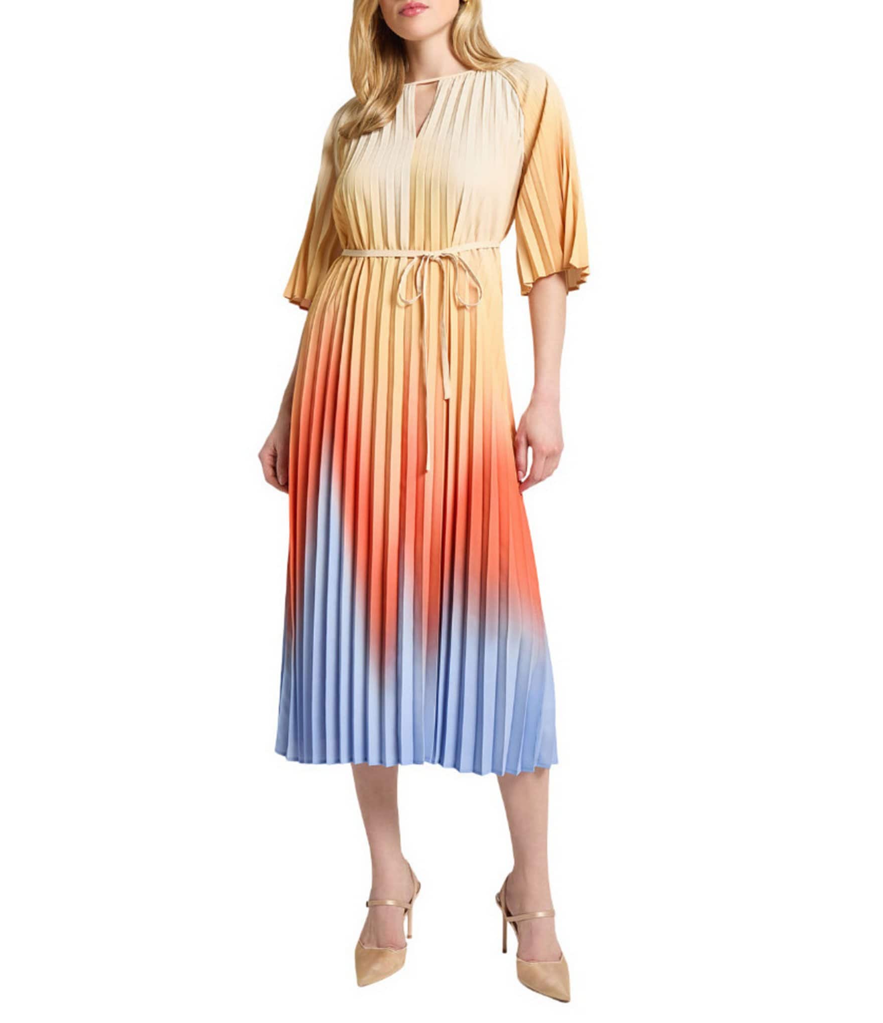 MISOOK Crepe De Chine Ombre Pleated Keyhole Neck Elbow Flutter Sleeve Dress