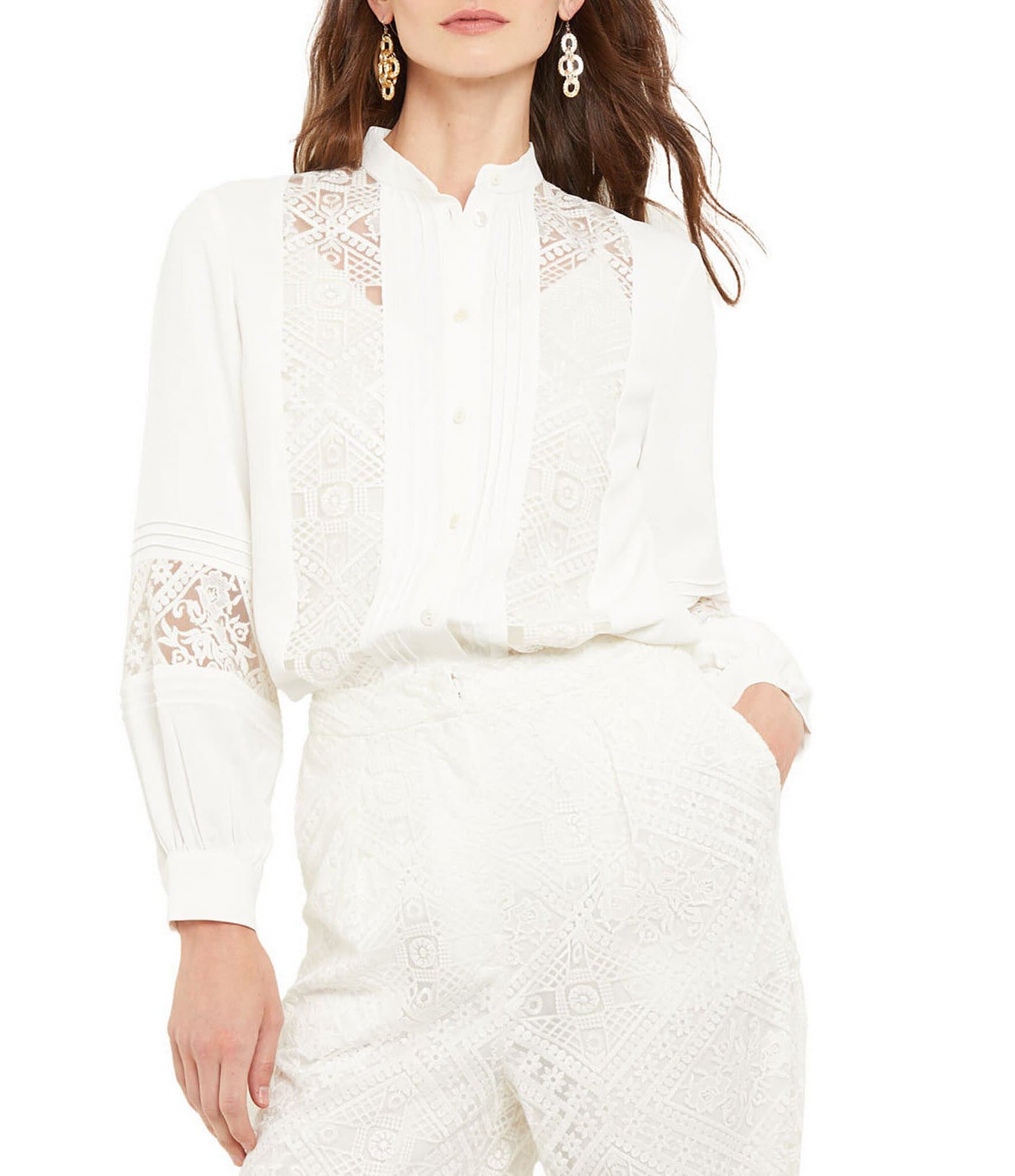Womens White Lace Shirt Fashion Sheer Long Sleeve Lace Embellished Blouses  Cardigan Solid Buttons Formal Work Tops, 01_white