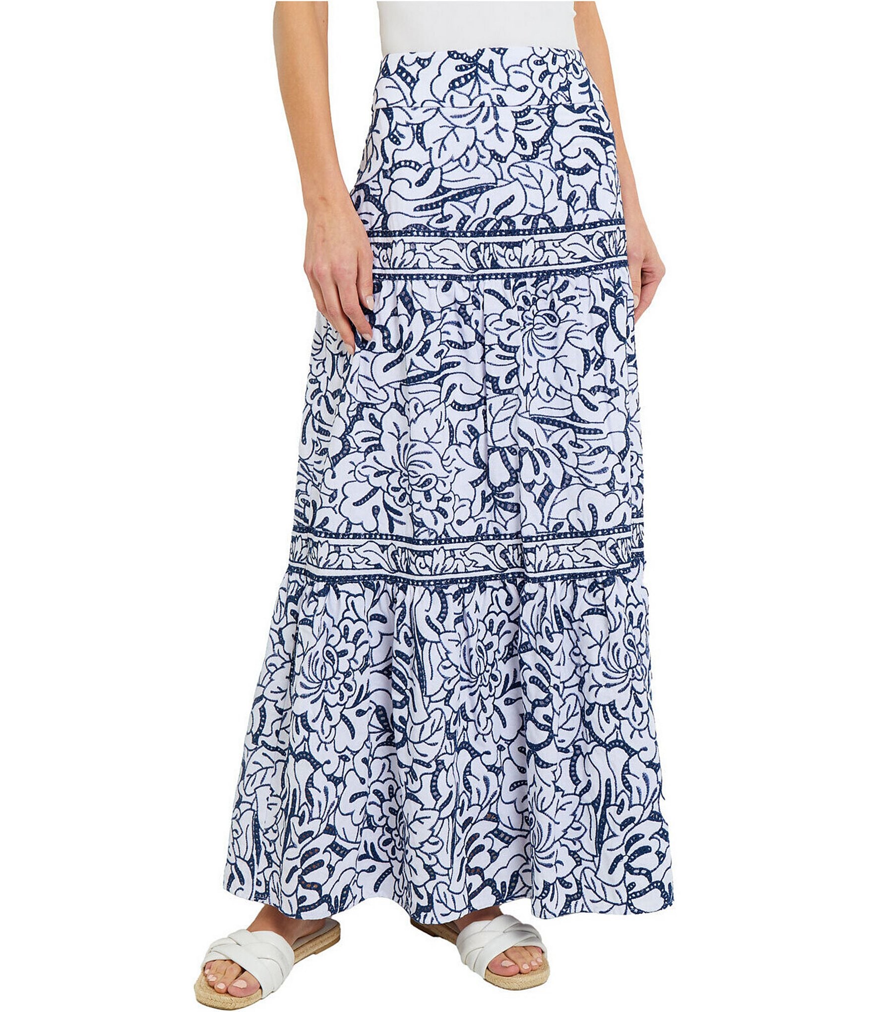 MISOOK Knit Floral Embroidered Tiered Contrast Trim A-Line Maxi Skirt ...