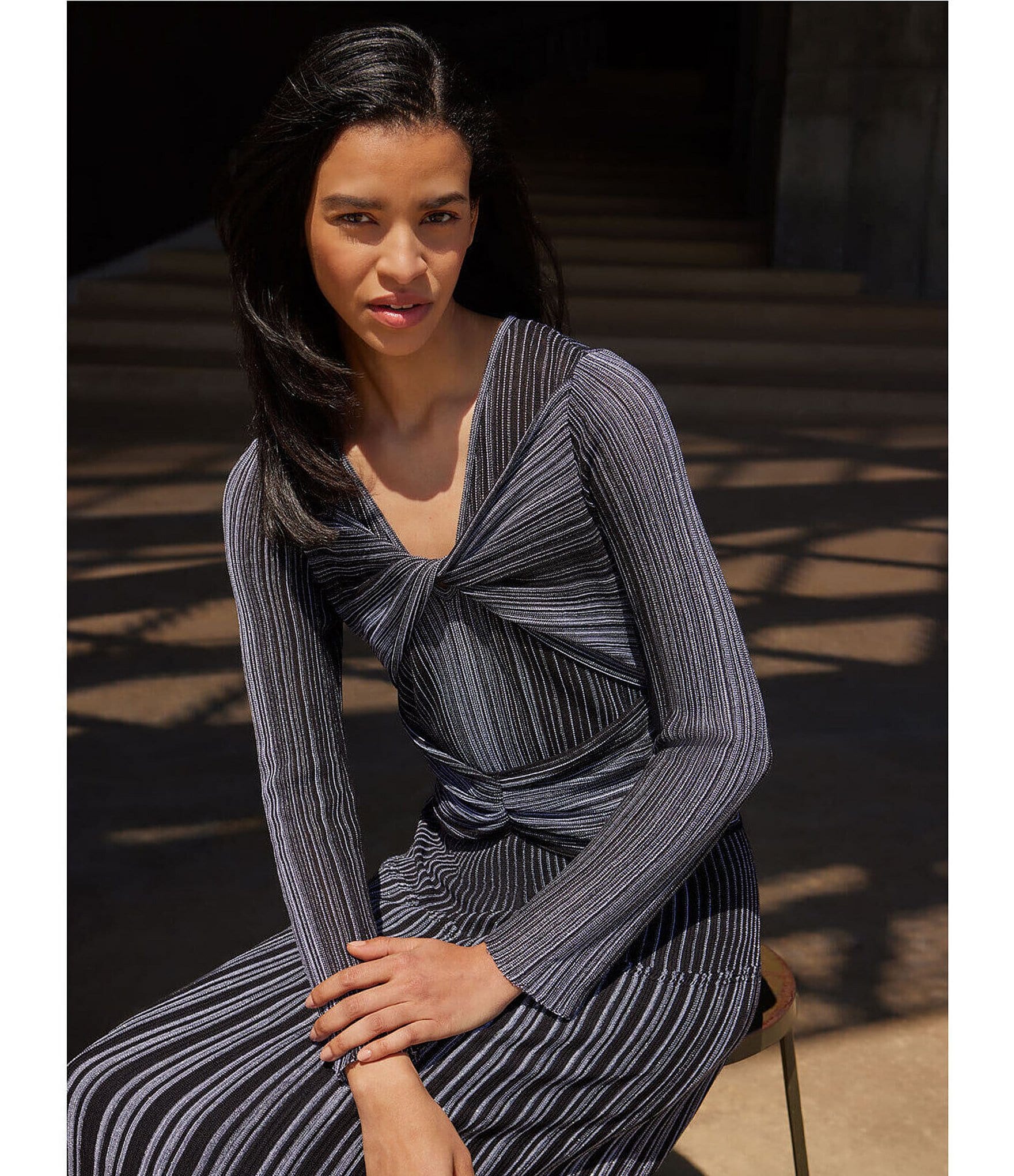 MISOOK Lurex Shimmer Knit Twist Front V-Neck Long Sleeve Fit And Flare Midi Dress