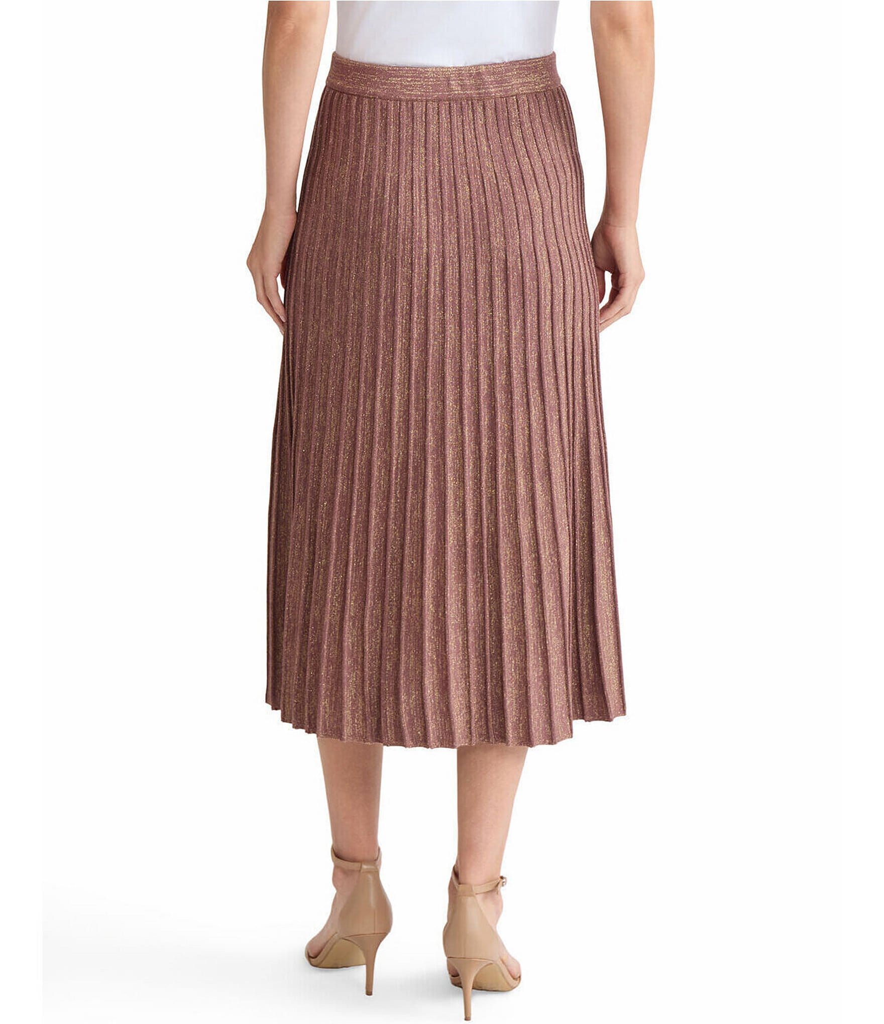 MISOOK Lurex Soft Metallic Ribbed Knit A-Line Midi Skirt