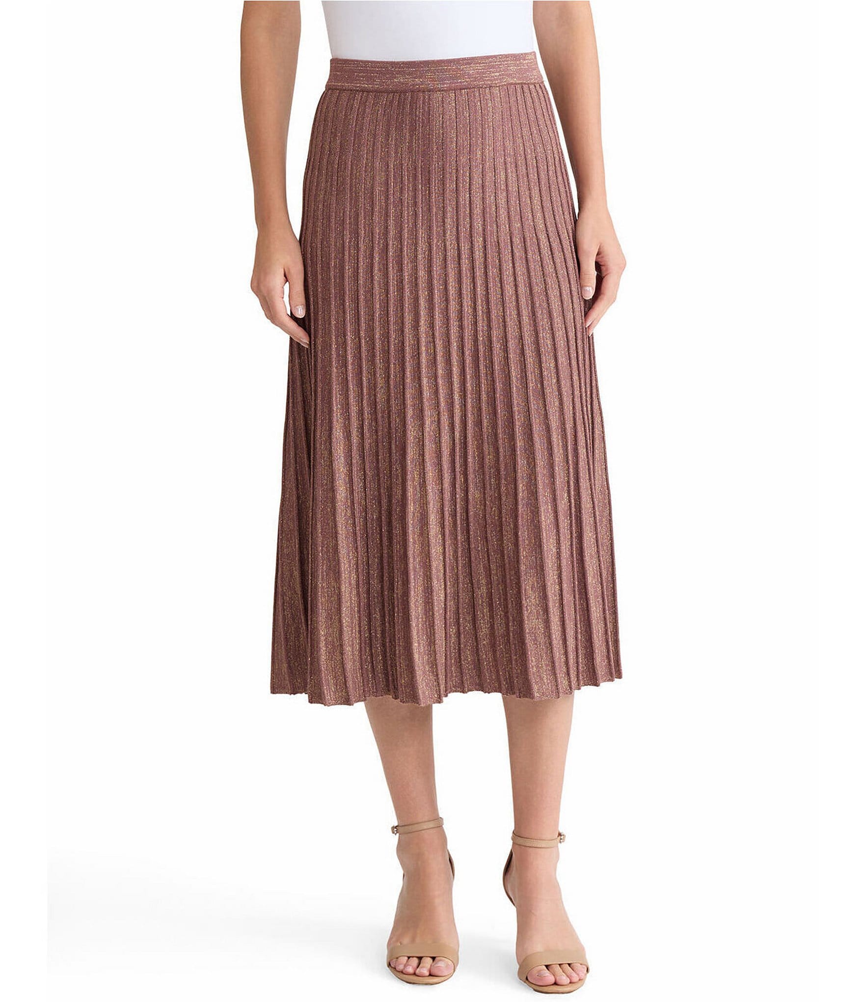 MISOOK Lurex Soft Metallic Ribbed Knit A-Line Midi Skirt