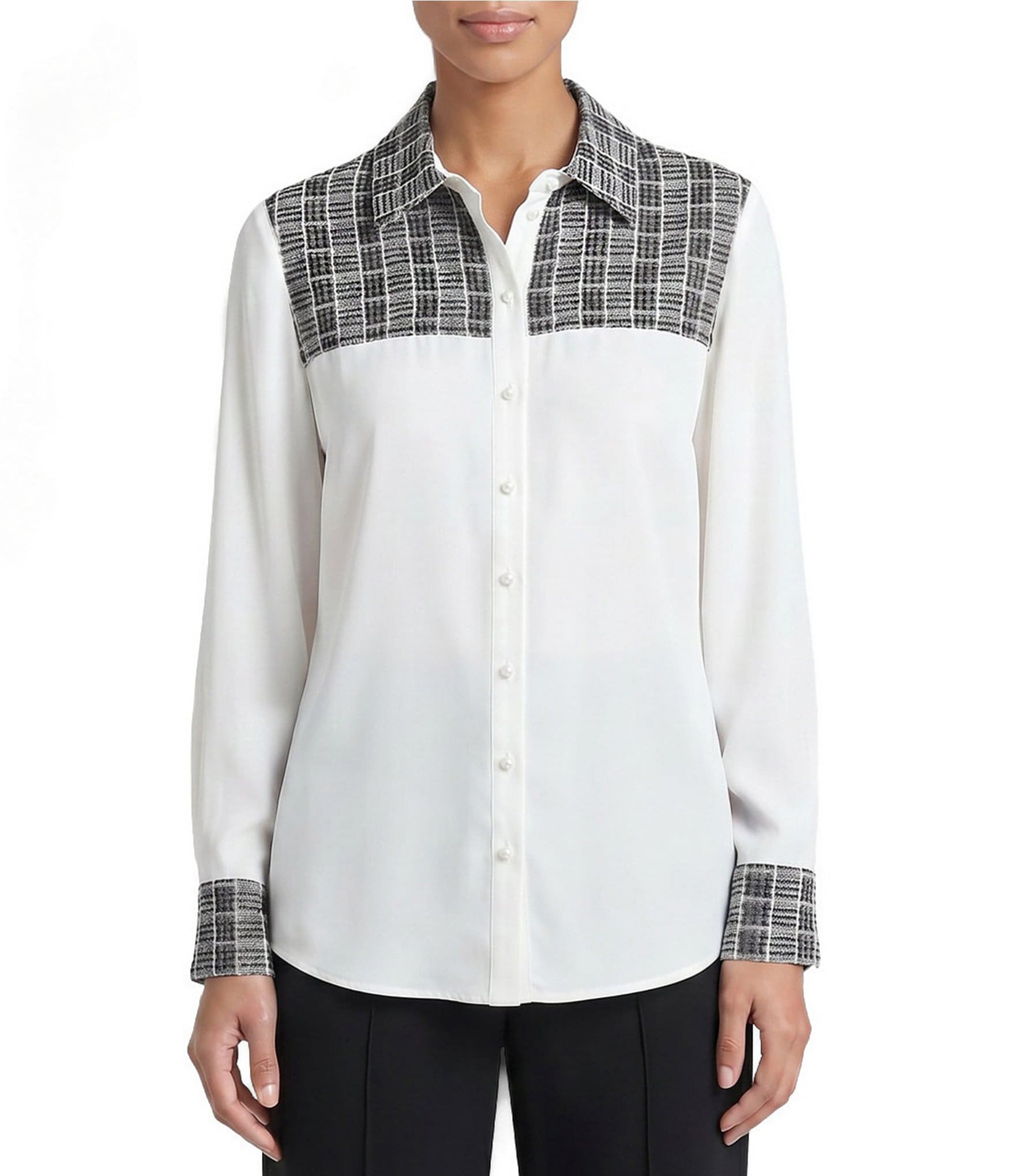 MISOOK Mixed-Media Point Collar Long Sleeve Button-Front Blouse