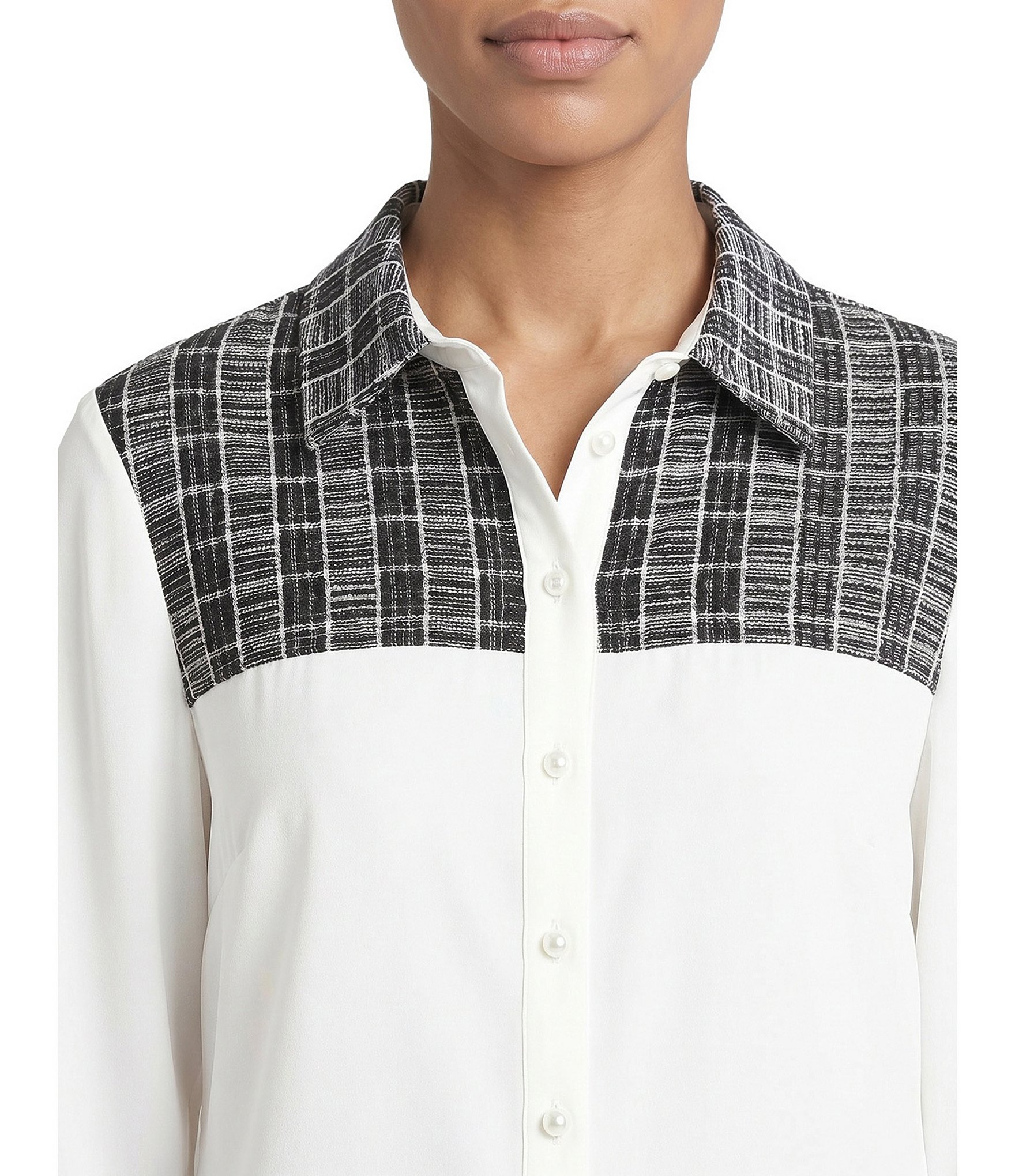 MISOOK Mixed-Media Point Collar Long Sleeve Button-Front Blouse