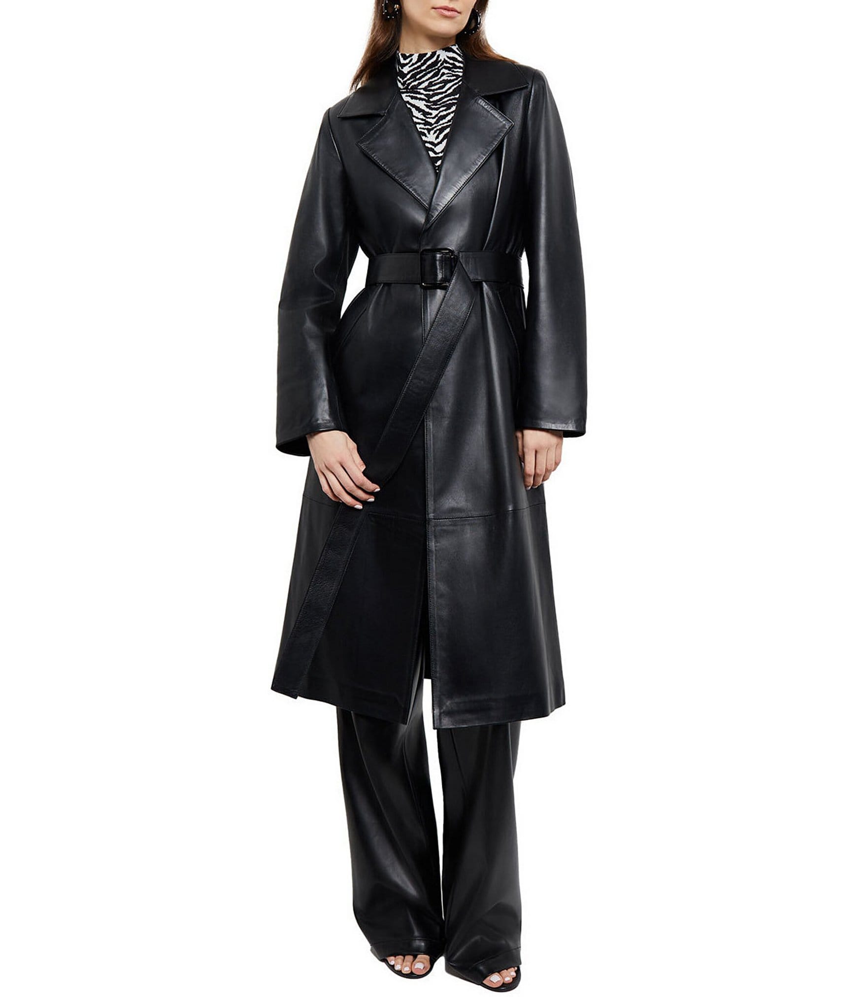MISOOK Notch Collar Long Sleeve Belted Long Leather Trench Coat | Dillard's