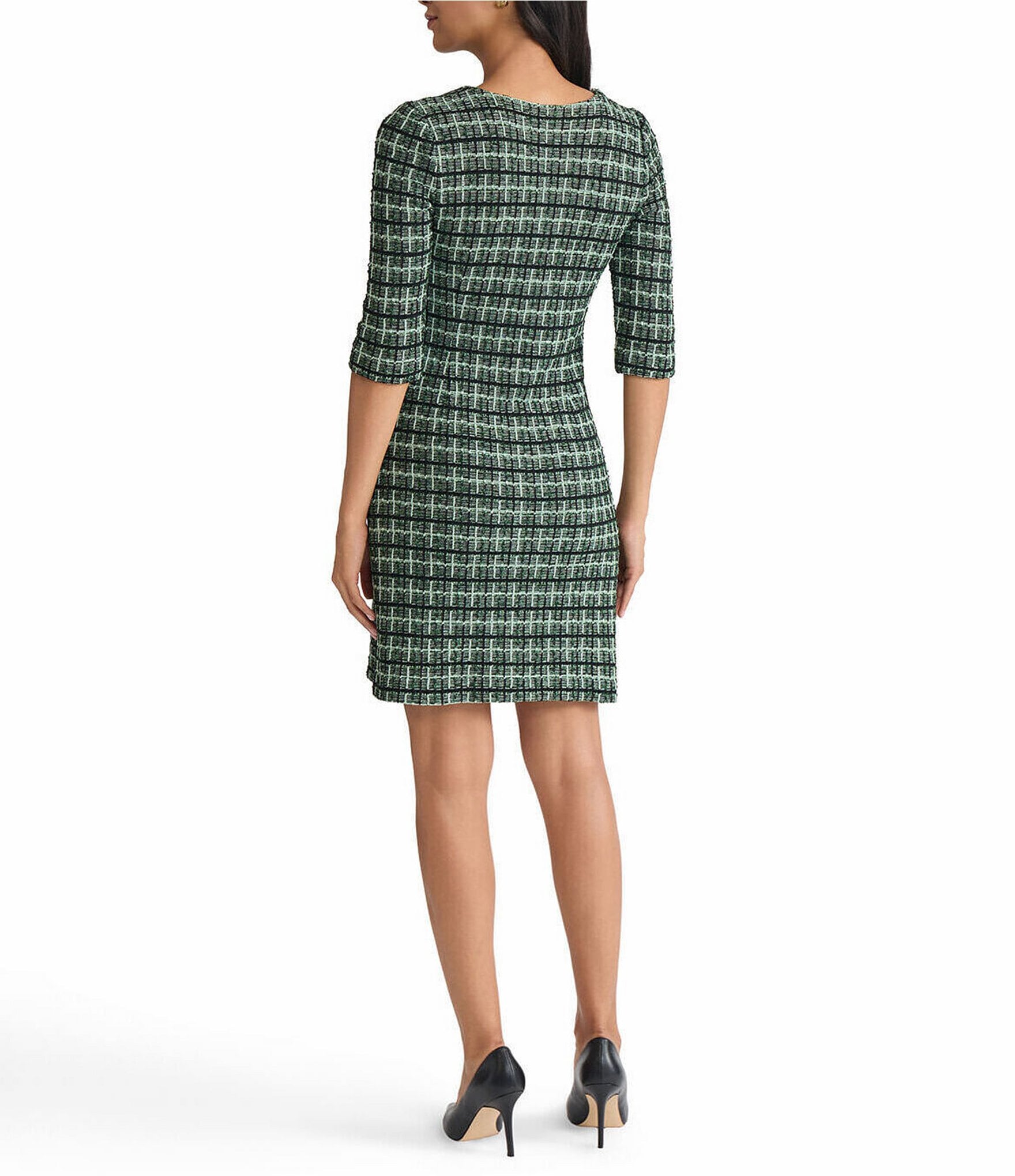 MISOOK Plaid Knit Round Neck Elbow Sleeve Button Front Sheath Dress