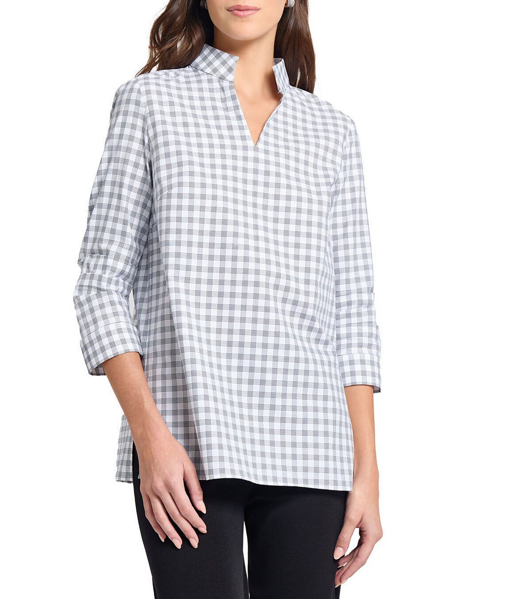 MISOOK Plaid Pleated Stand Collar V-Neck 3/4 Sleeve Tunic
