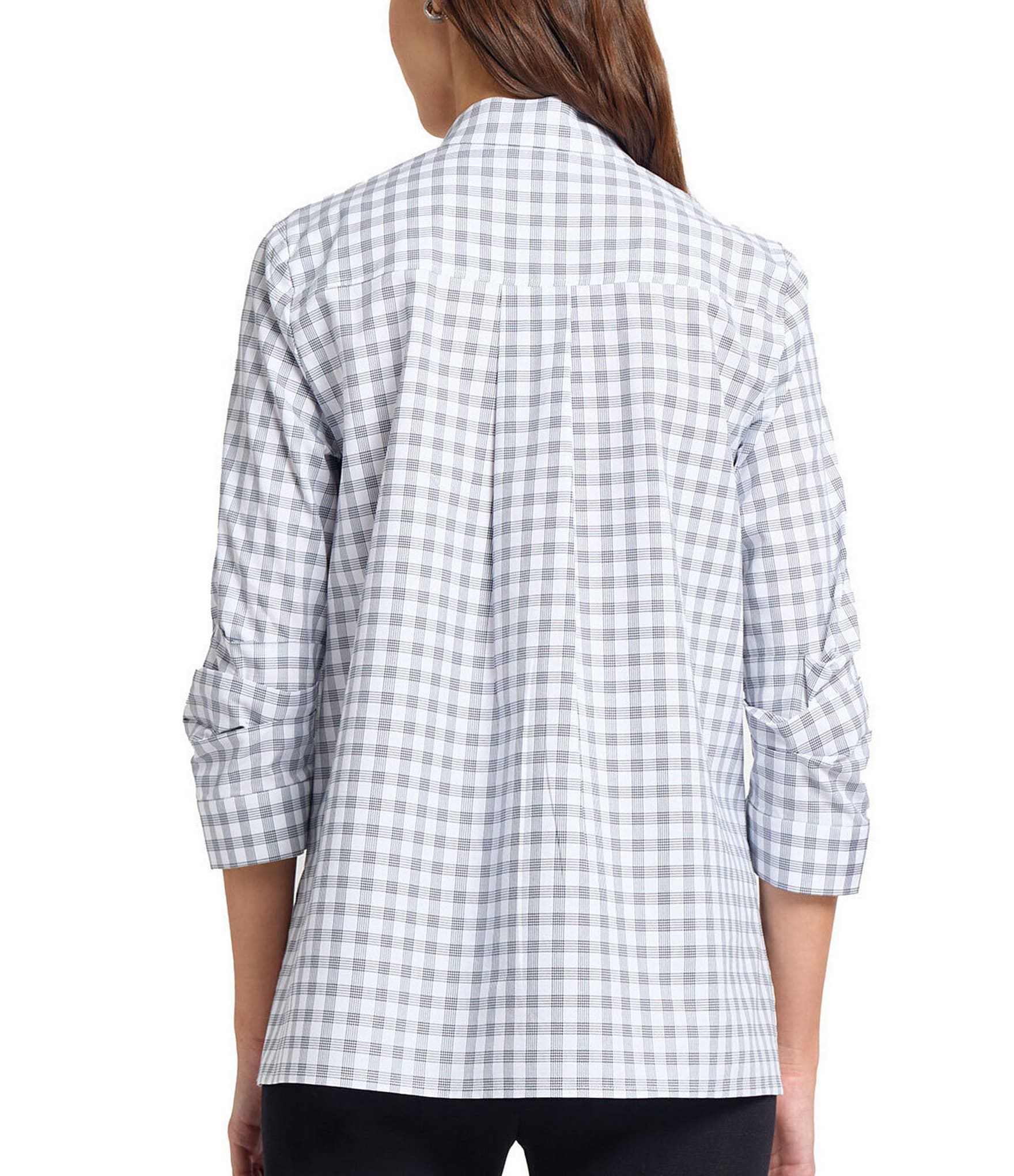 MISOOK Plaid Pleated Stand Collar V-Neck 3/4 Sleeve Tunic