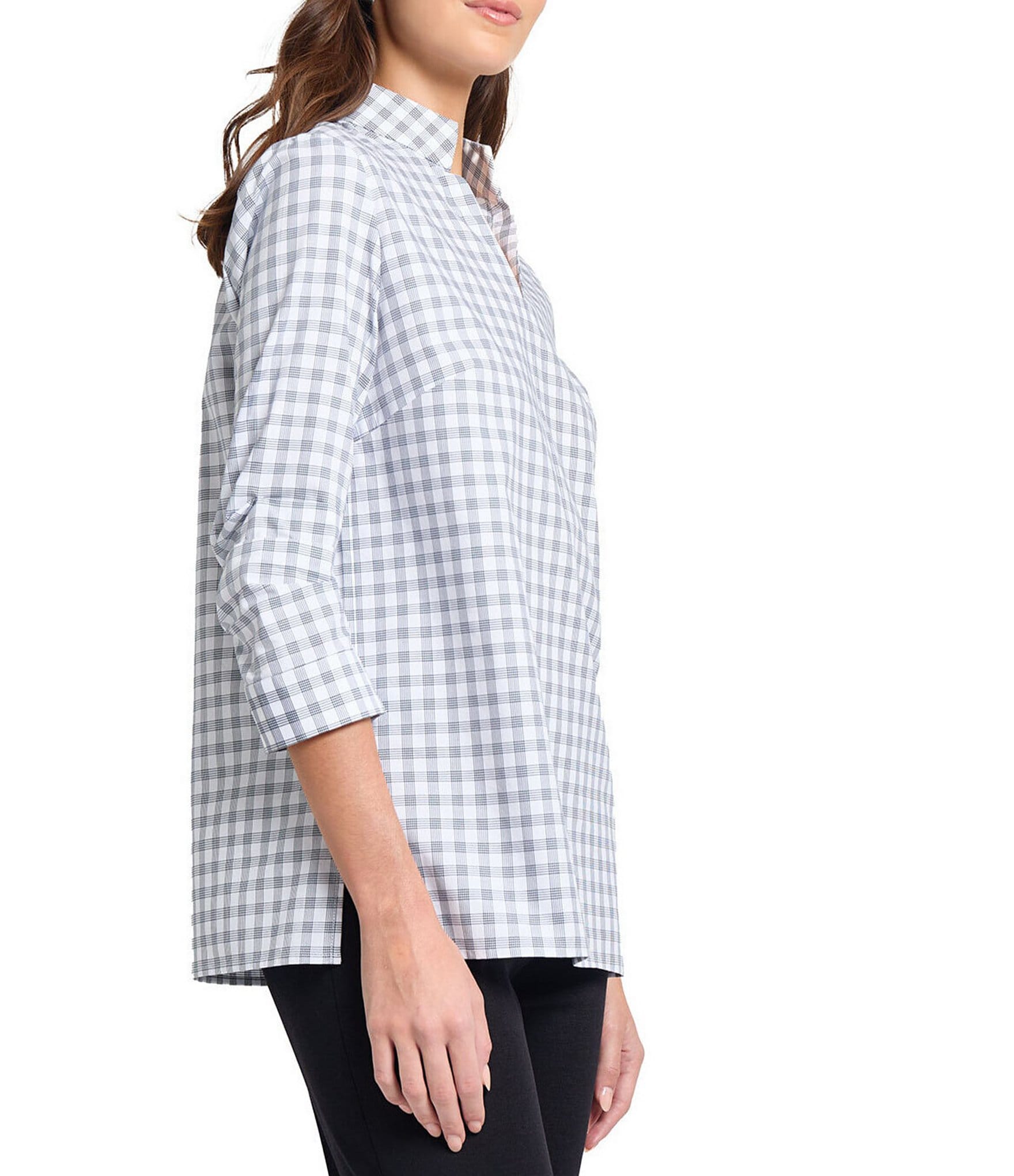 MISOOK Plaid Pleated Stand Collar V-Neck 3/4 Sleeve Tunic