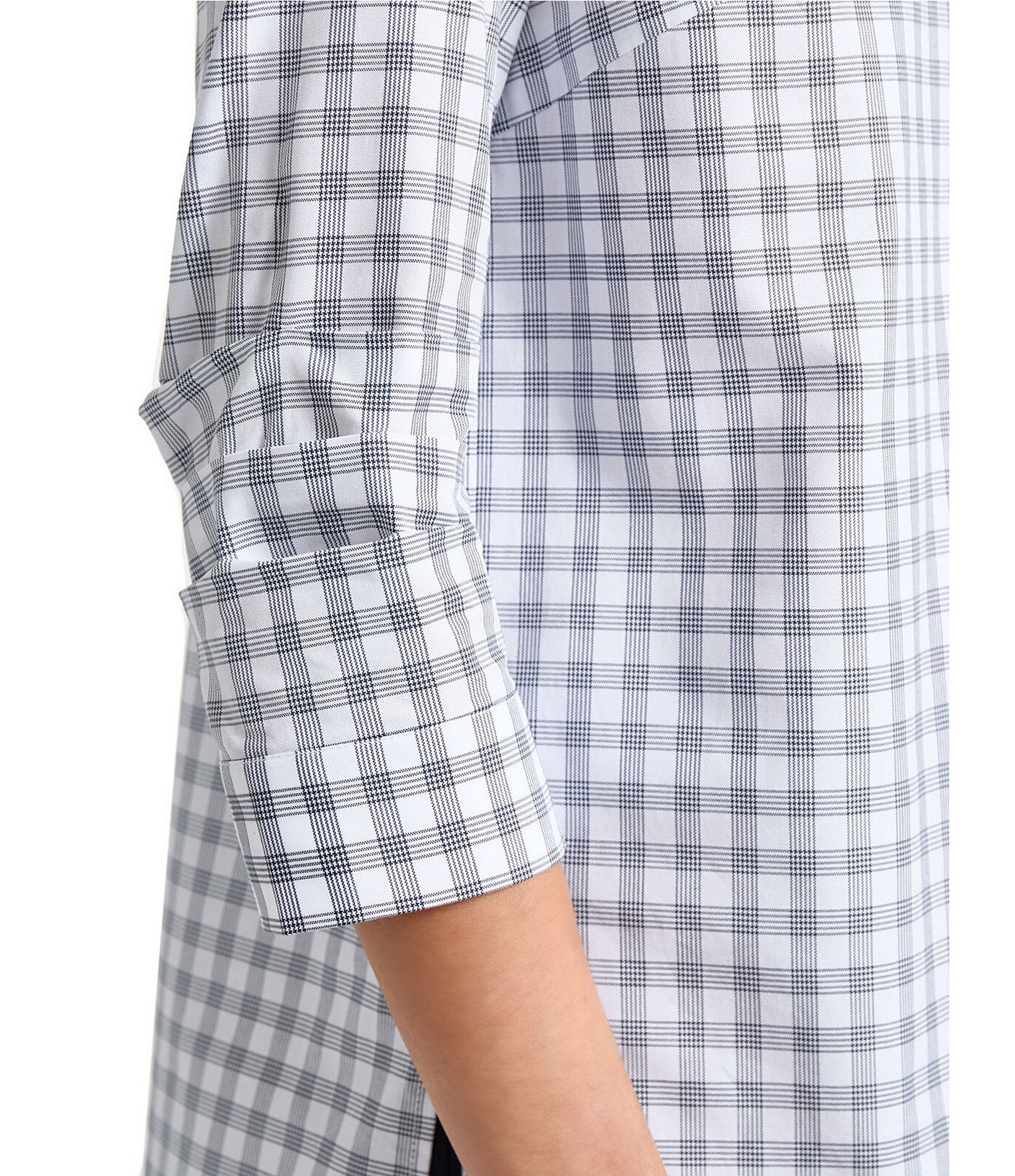 MISOOK Plaid Pleated Stand Collar V-Neck 3/4 Sleeve Tunic