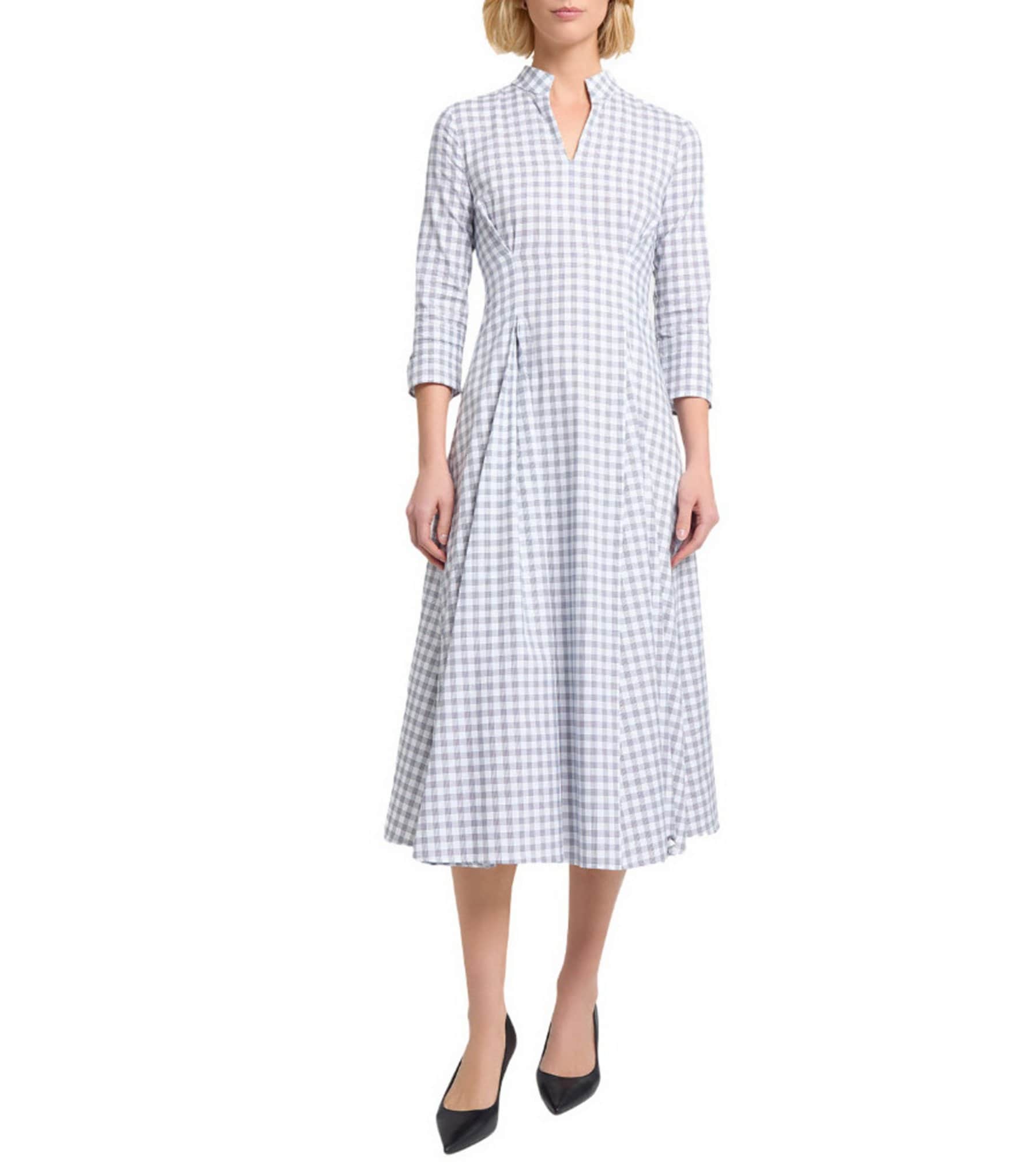 MISOOK Plaid Print Mandarin Split V-Neck 3/4 Sleeve Fit-And-Flare Midi Dress