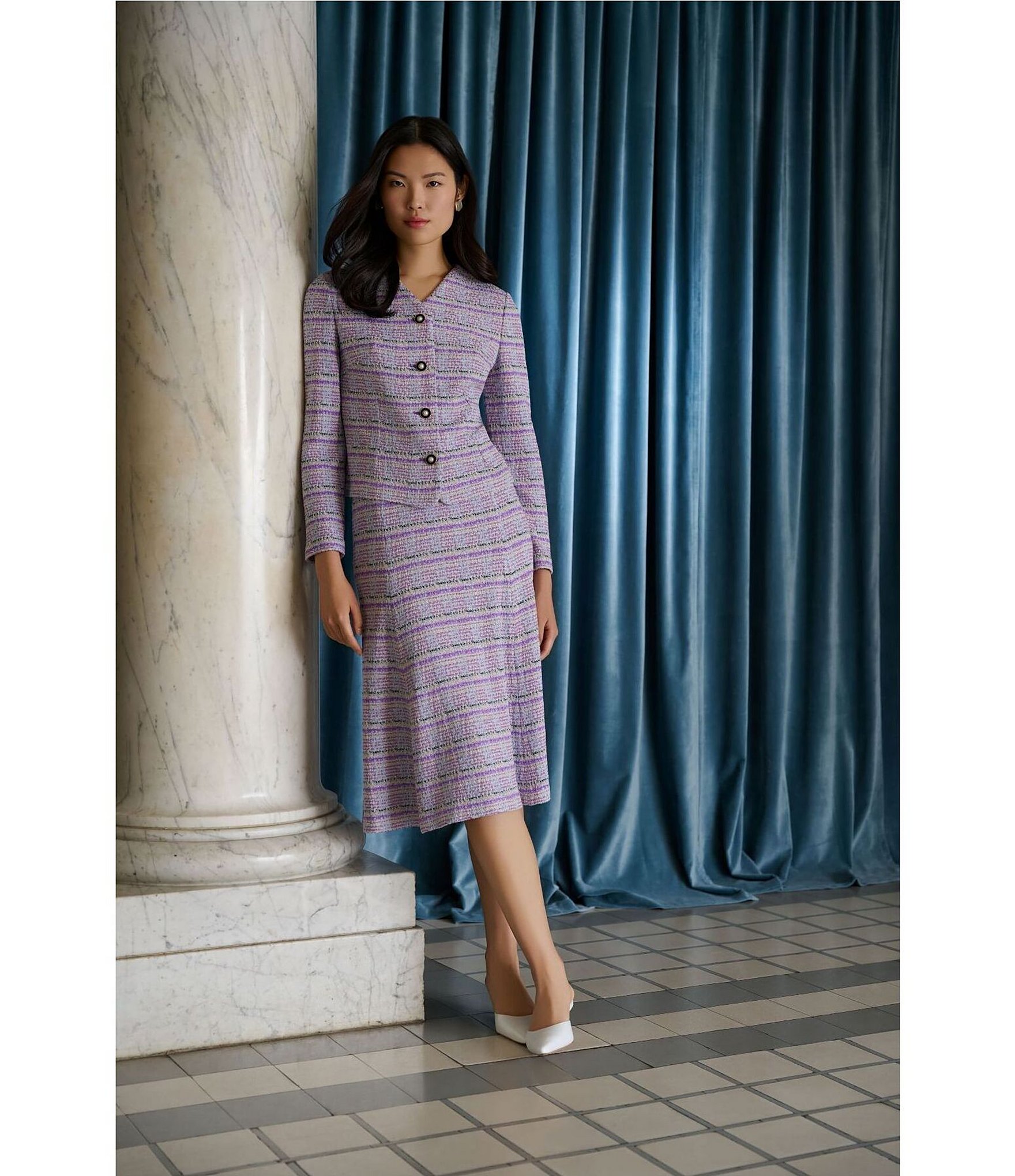 MISOOK Plaid Tweed Knit V-Neck Long Sleeve Button Front Jacket
