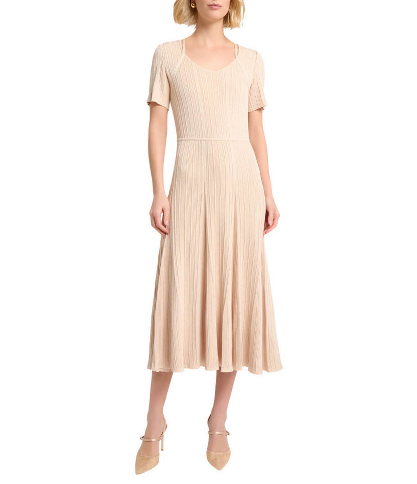 MISOOK Ribbed Soft Knit V-Neck Short Sleeve Fit-And-Flare Midi Dress