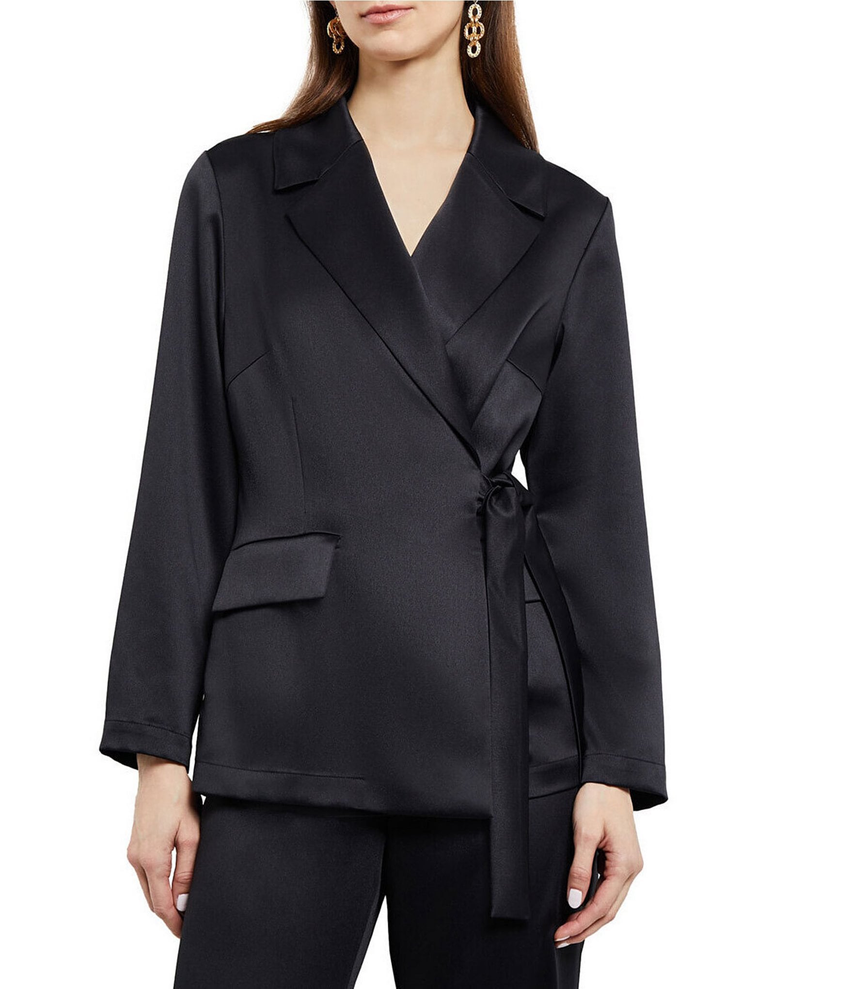 MISOOK Satin Crepe Woven Notch Lapel Collar Long Sleeve Side Tie Wrap  Jacket | Dillard's