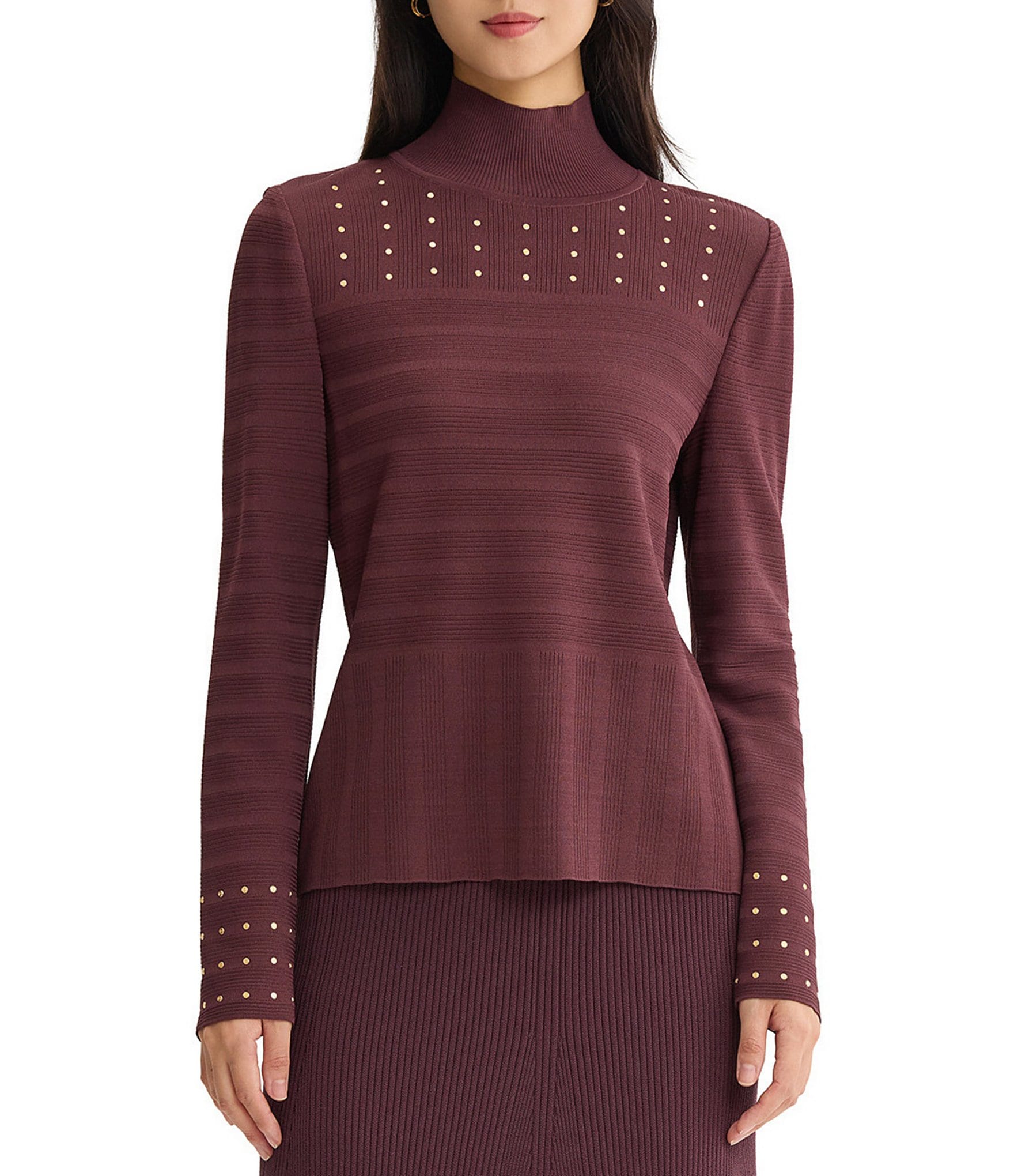 MISOOK Shadow Stripe Ribbed Knit Mock Neck Long Sleeve Metallic Stud Embellished Top