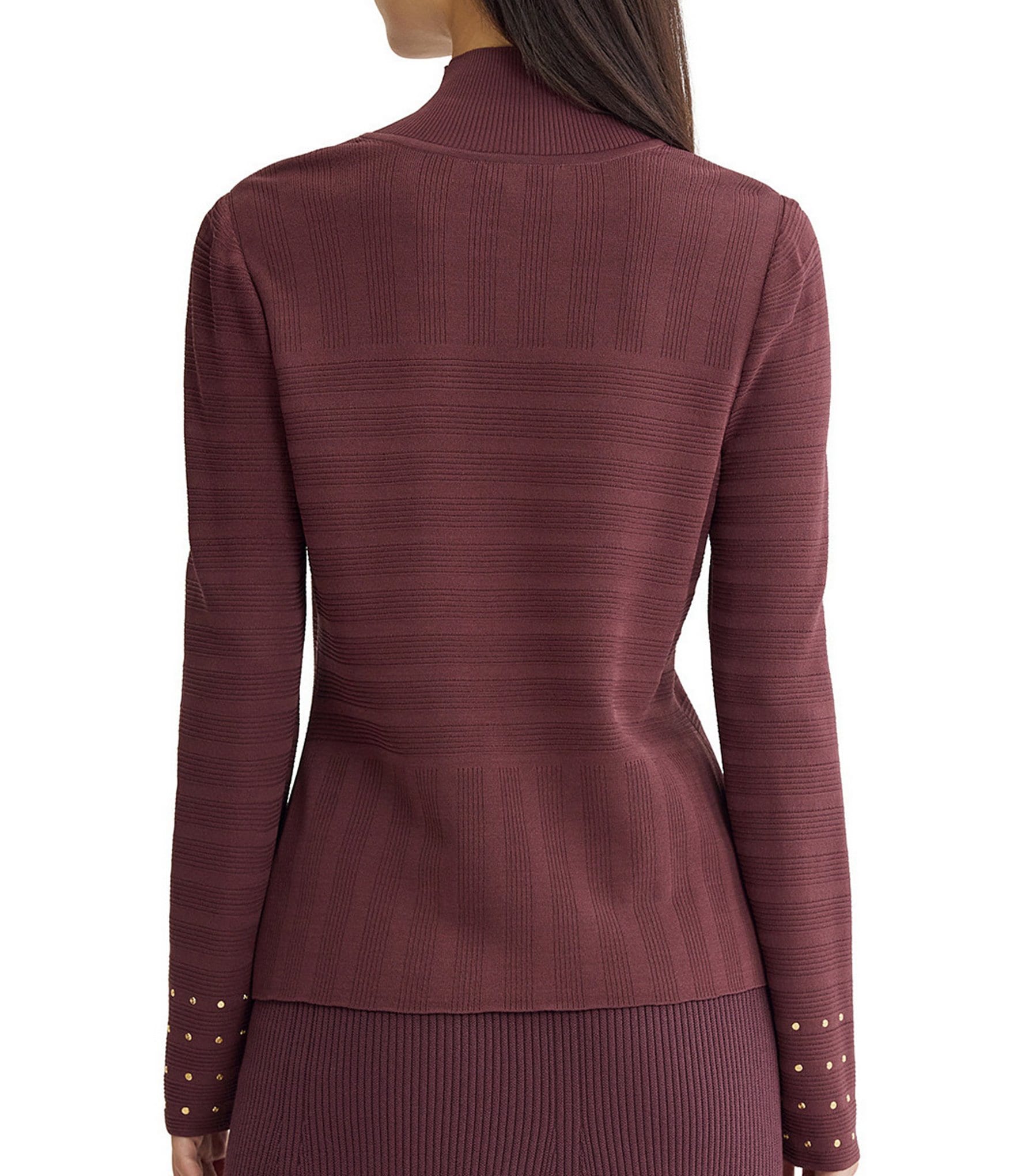 MISOOK Shadow Stripe Ribbed Knit Mock Neck Long Sleeve Metallic Stud Embellished Top