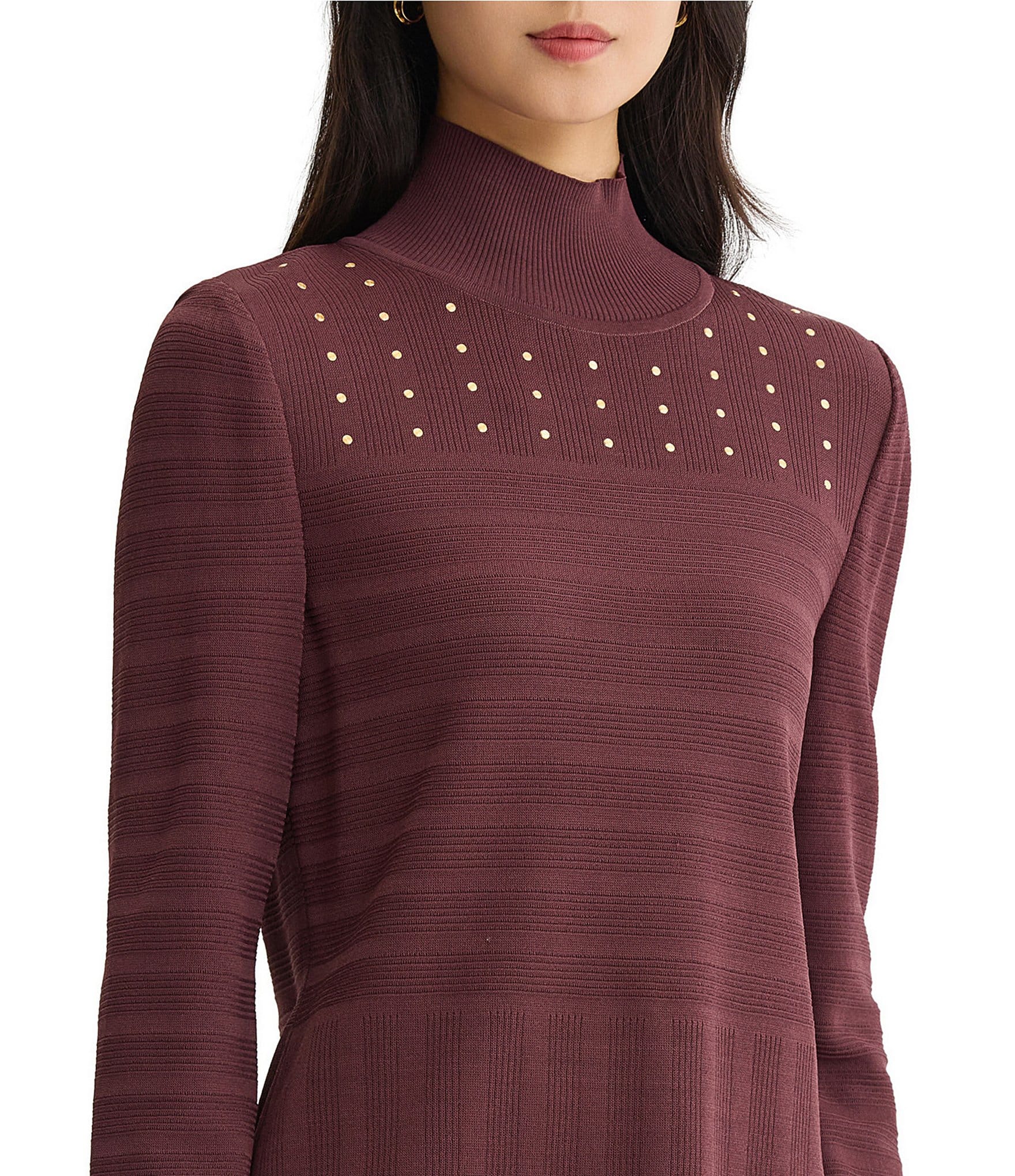 MISOOK Shadow Stripe Ribbed Knit Mock Neck Long Sleeve Metallic Stud Embellished Top