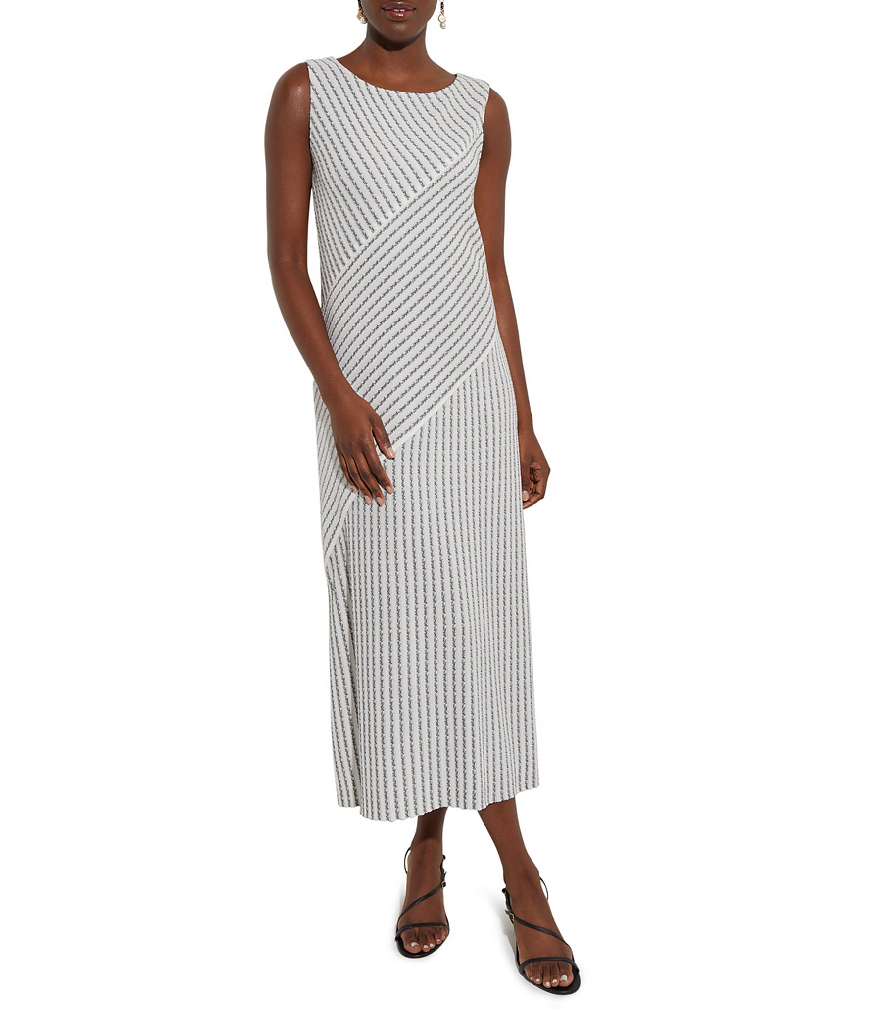 MISOOK Soft Knit Contrast Stripe Print Jewel Neck Sleeveless A-Line ...