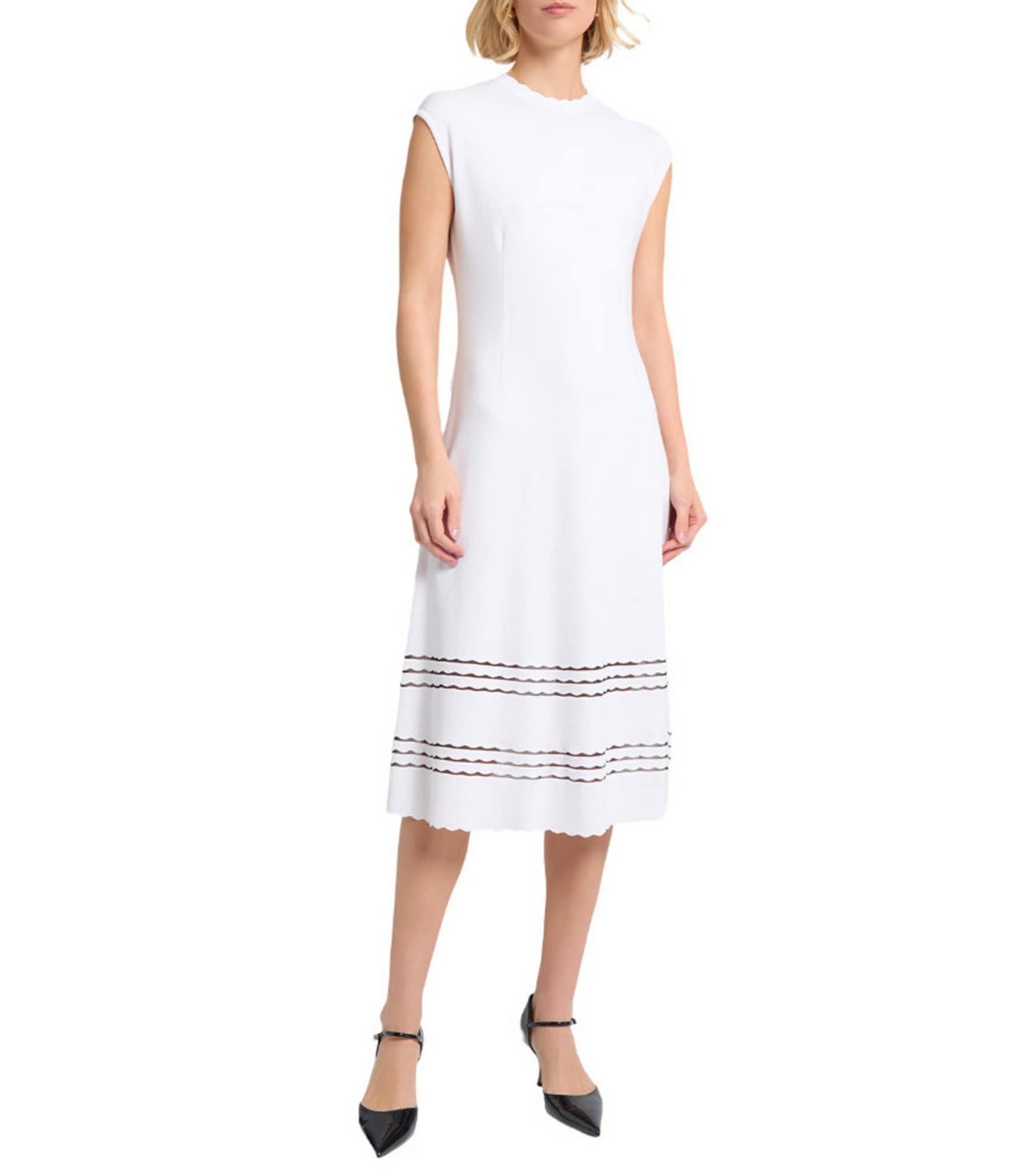 MISOOK Soft Knit Round Neck Cap Sleeve Scallop Trim A-Line Midi Dress