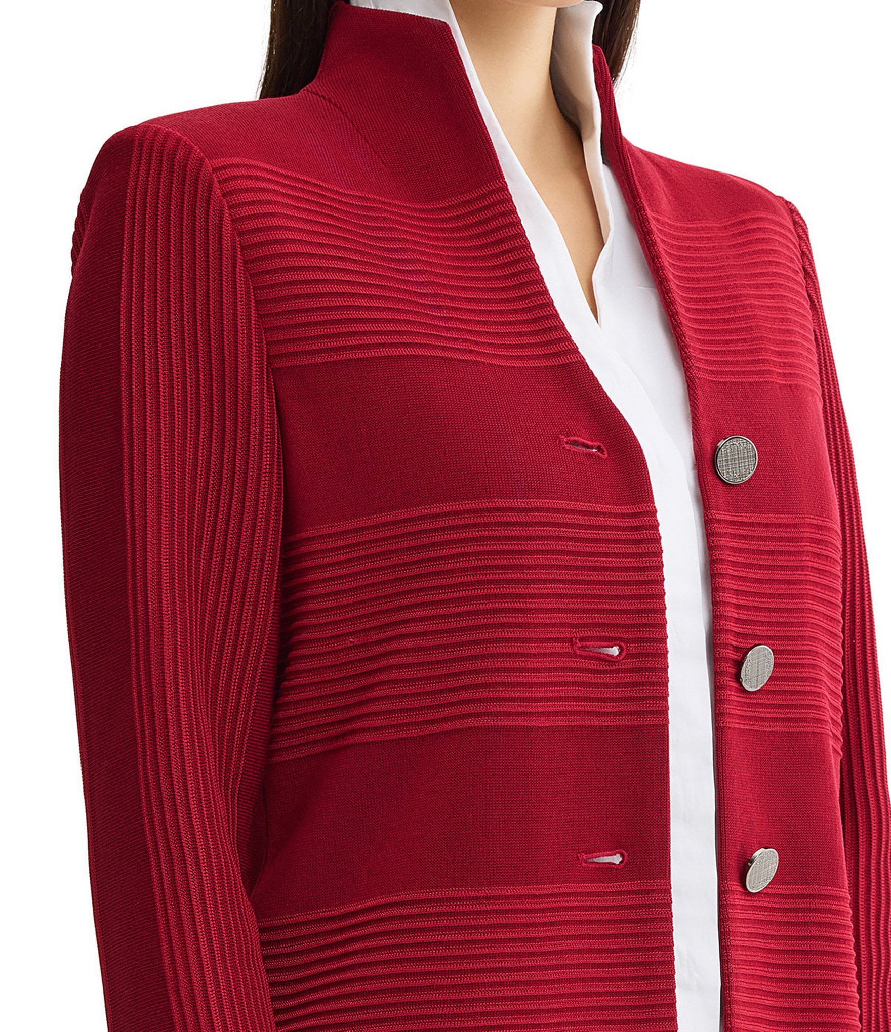 MISOOK Tailored Ottoman Stitch Knit Split Mandarin Collar Long Sleeve Jacket