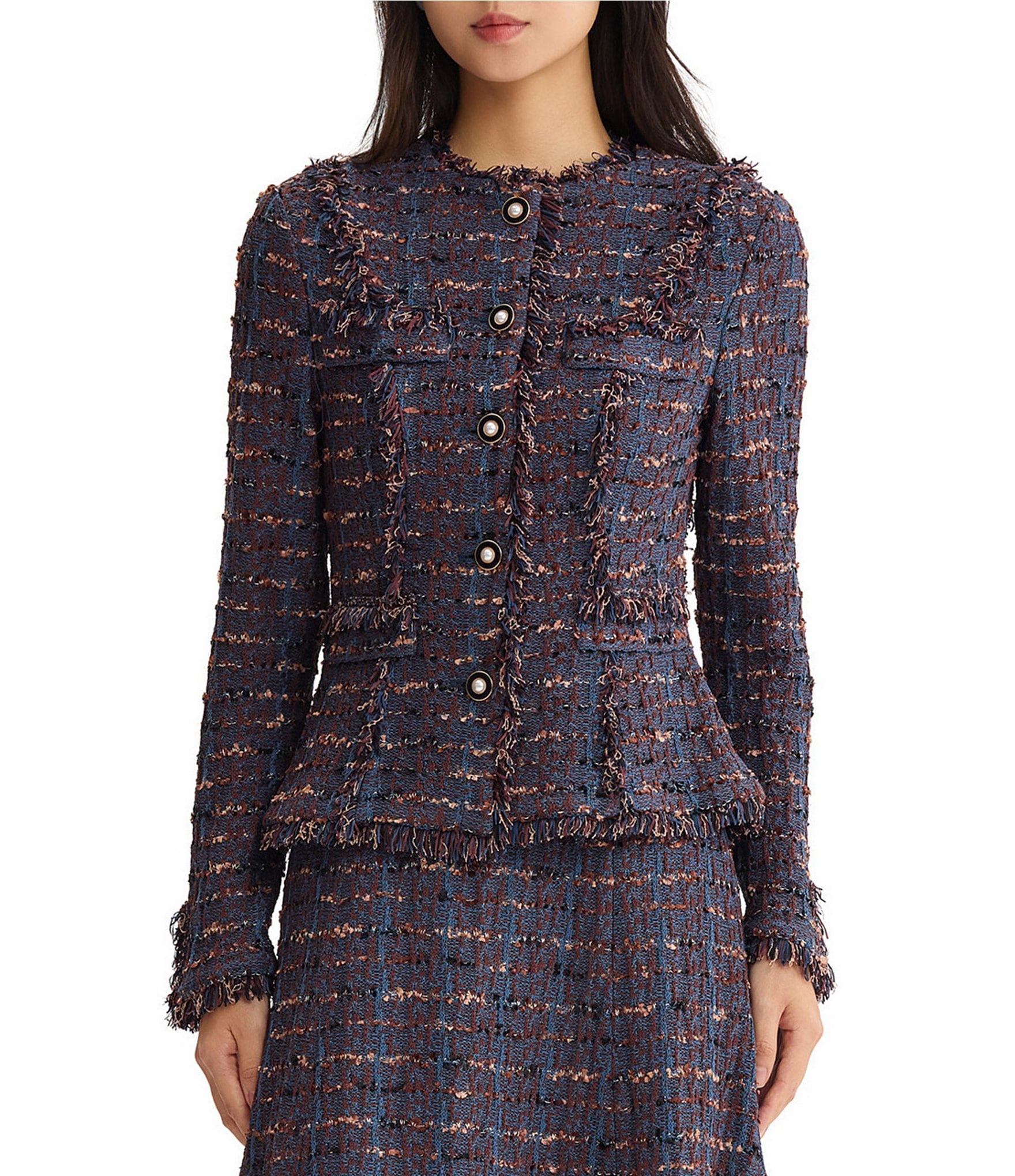 MISOOK Textured Ribbon Knit Multicolored Round Neck Long Sleeve Fringe Trim Button-Front Coordinating Jacket