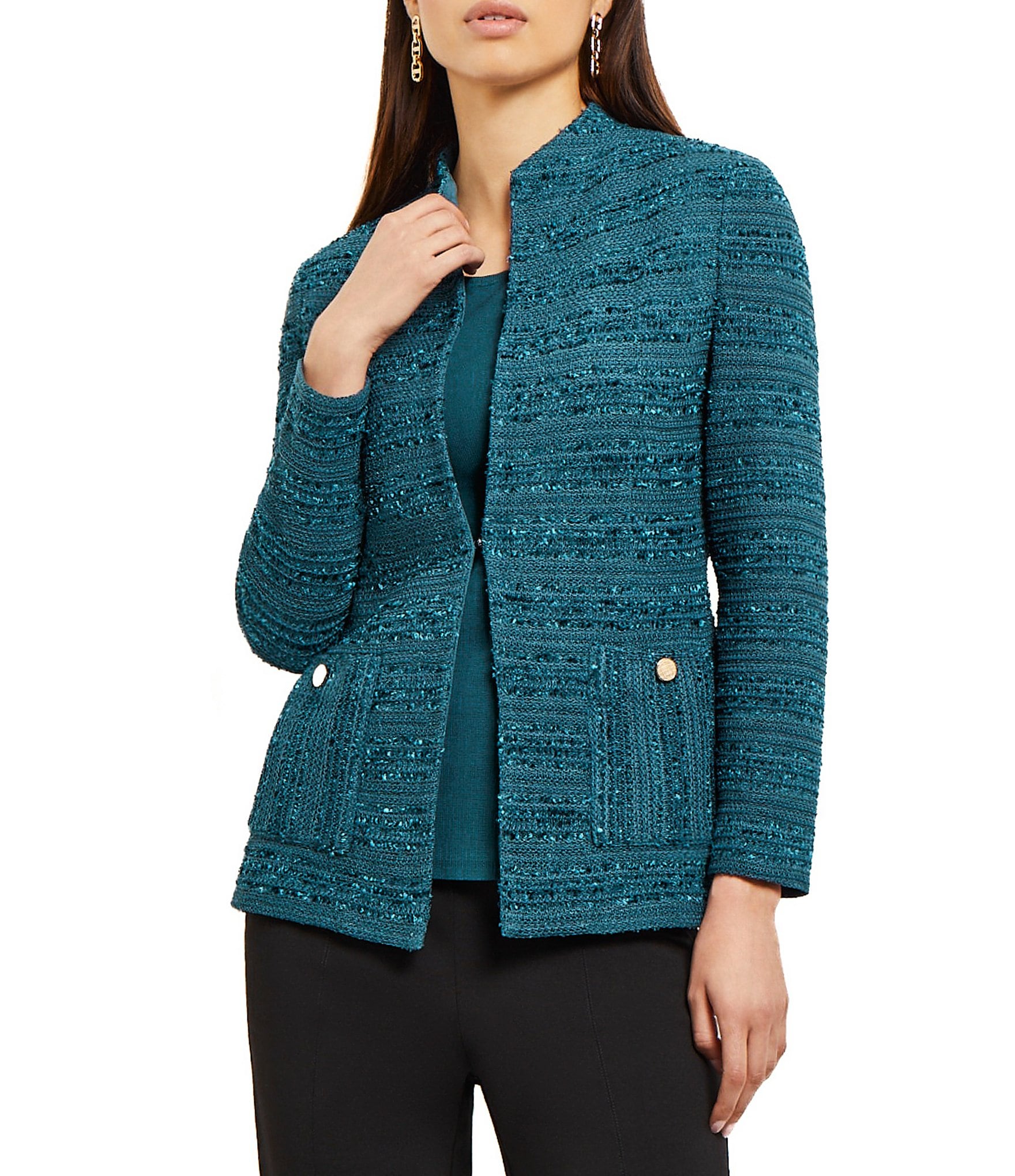 MISOOK Textured Tweed Knit Stand Collar Long Sleeve Pocketed Jacket ...