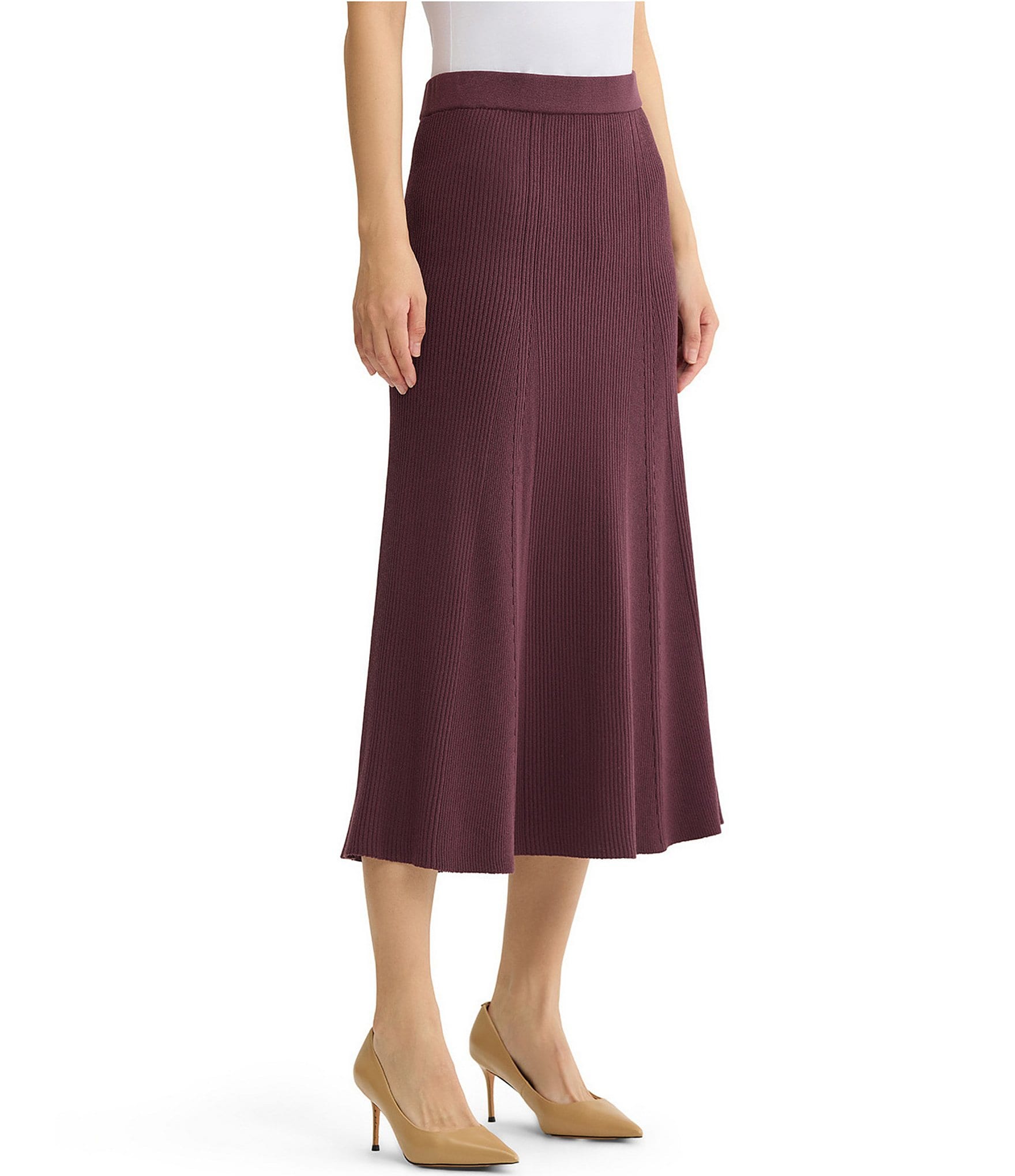 MISOOK Tonal Ribbed Knit No-Roll Waist Pull-On Midi Flared Skirt