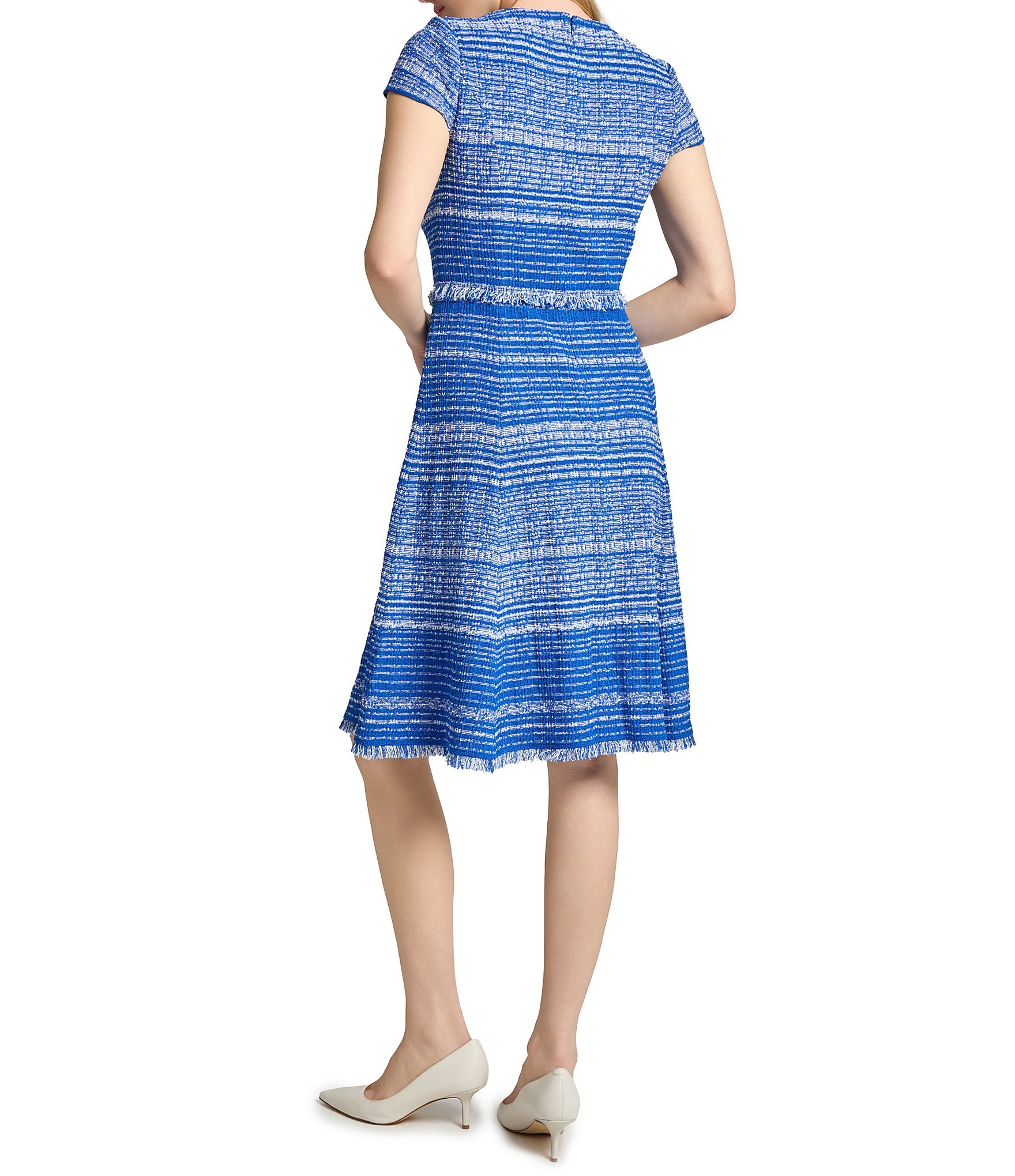 MISOOK Tweed Knit Jewel Neck Cap Sleeve Fit-And-Flare Dress