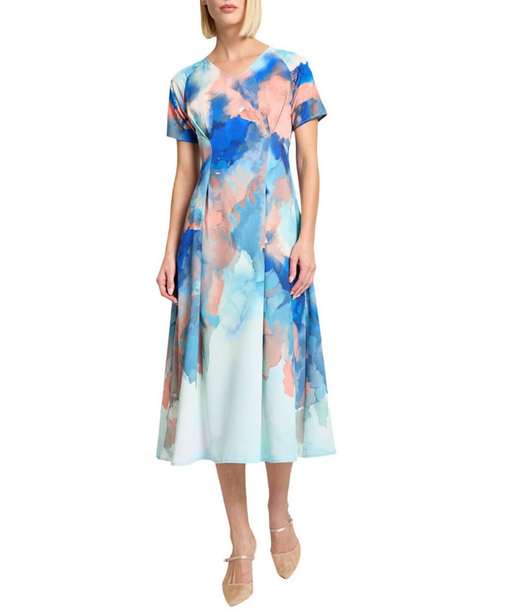 MISOOK Watercolor Crepe V-Neck Short Sleeve Dress