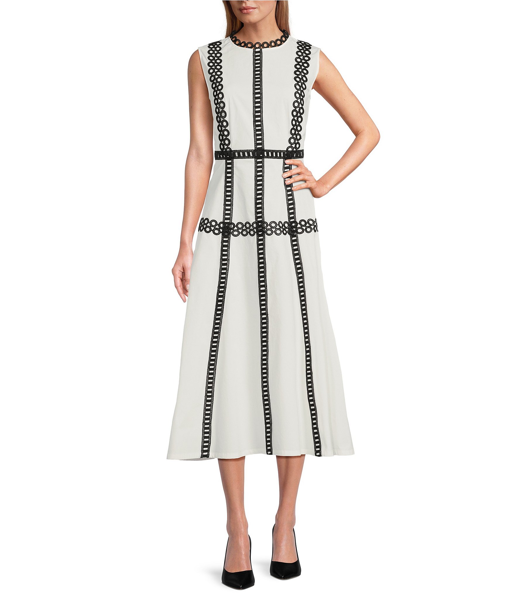 MISOOK Woven Eyelet Lace Contrast Trim Round Neck Sleeveless Fit And Flare Maxi Dress