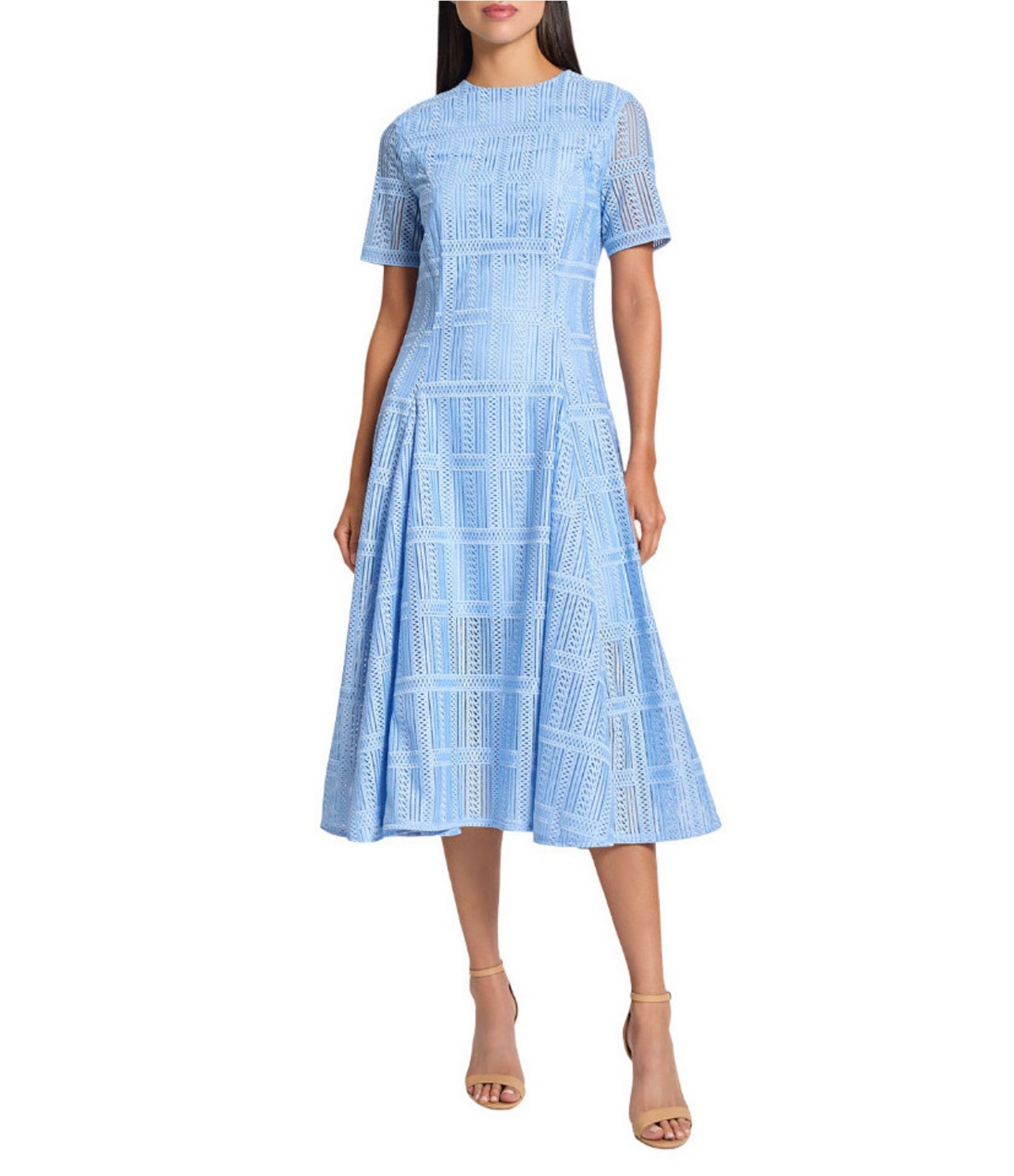 MISOOK Woven Lace Crew Neck Short Sleeve Fit-And-Flare Midi Dress