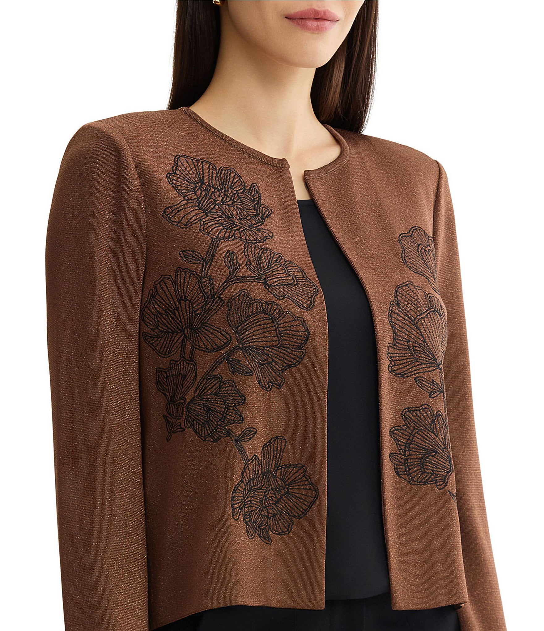 MISOOK Wrinkle-Resistant Embroidered Metallic Long Bell Sleeve Cardigan