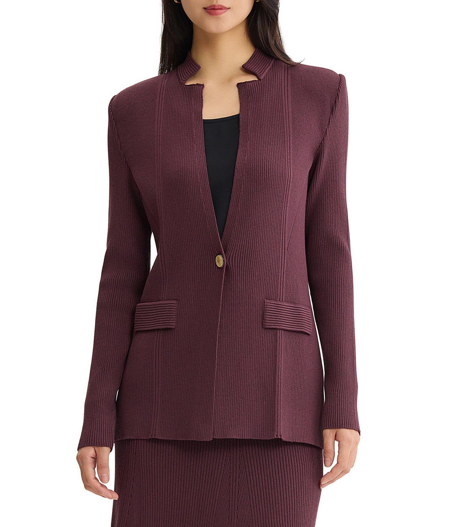 MISOOK Wrinkle-Resistant Ribbed Knit Inverted Notch Lapel Long Sleeve Button-Front Jacket