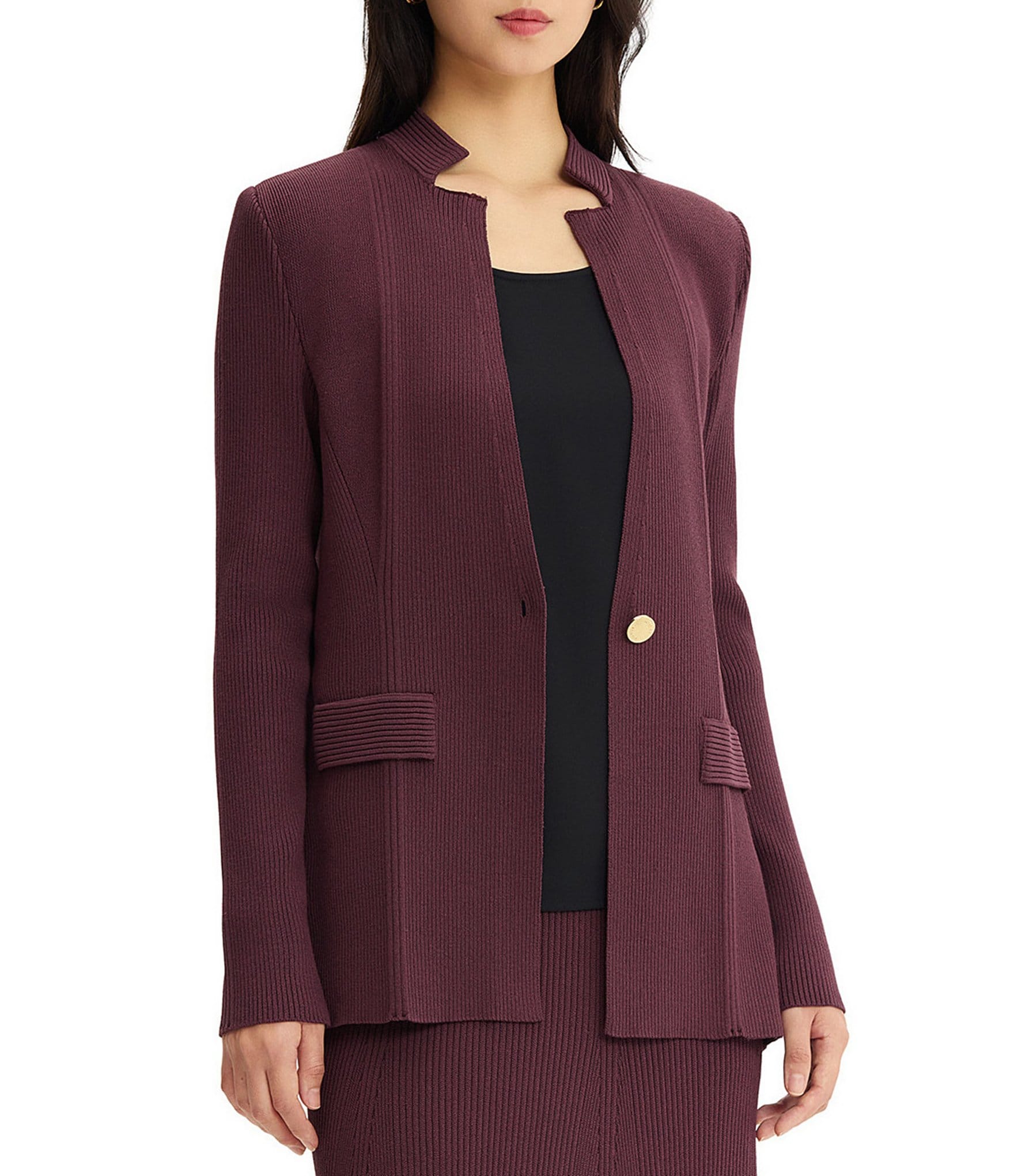 MISOOK Wrinkle-Resistant Ribbed Knit Inverted Notch Lapel Long Sleeve Button-Front Jacket