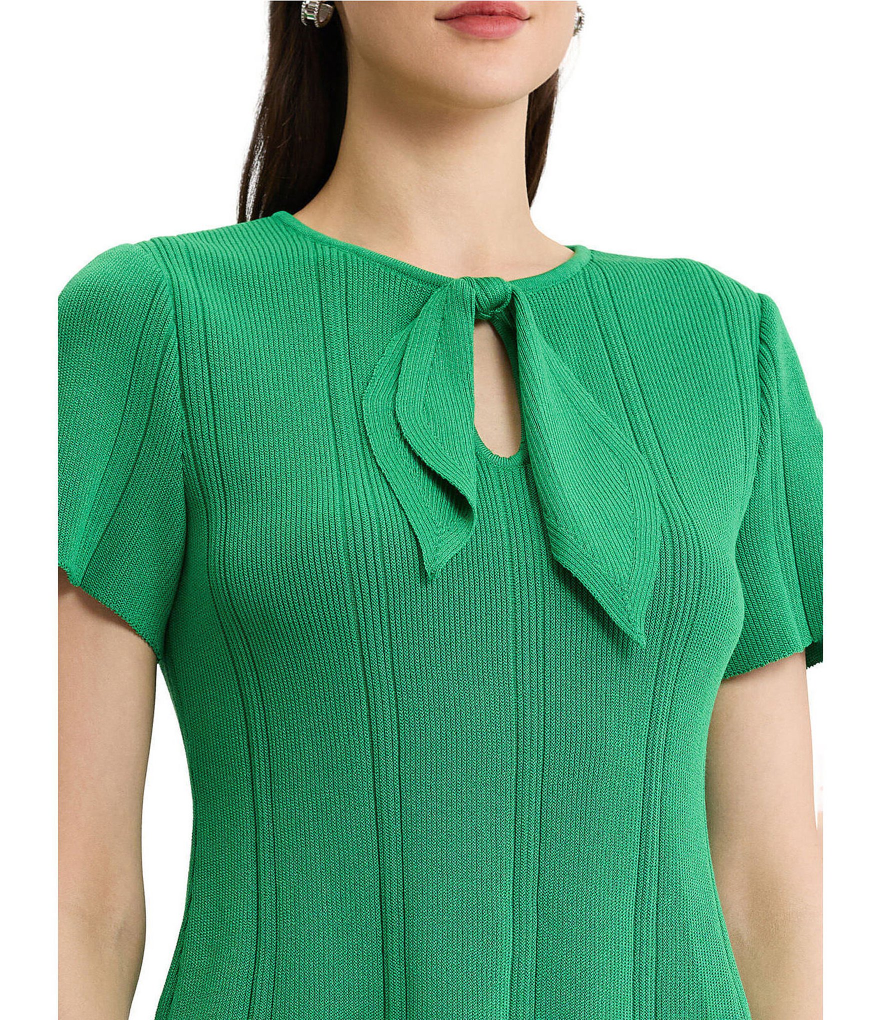 MISOOK Wrinkle-Resistant Soft Tonal Ribbed Knit Coordinating Tie-Neck Top
