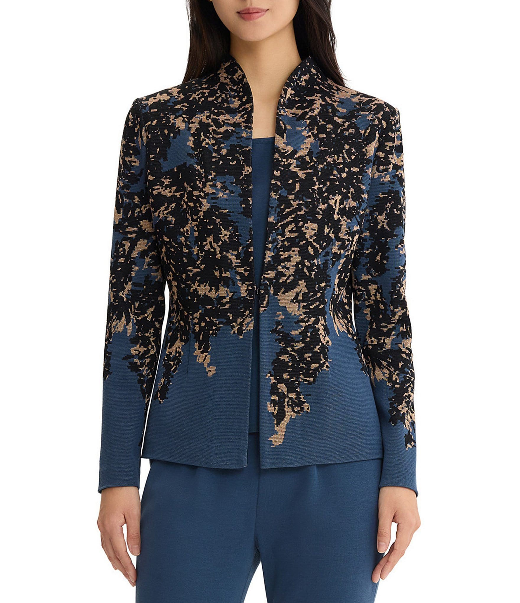 MISOOK Wrinkle Resistant Tailored Speckled Lurex Knit Stand Collar Long Sleeve Open-Front Jacket