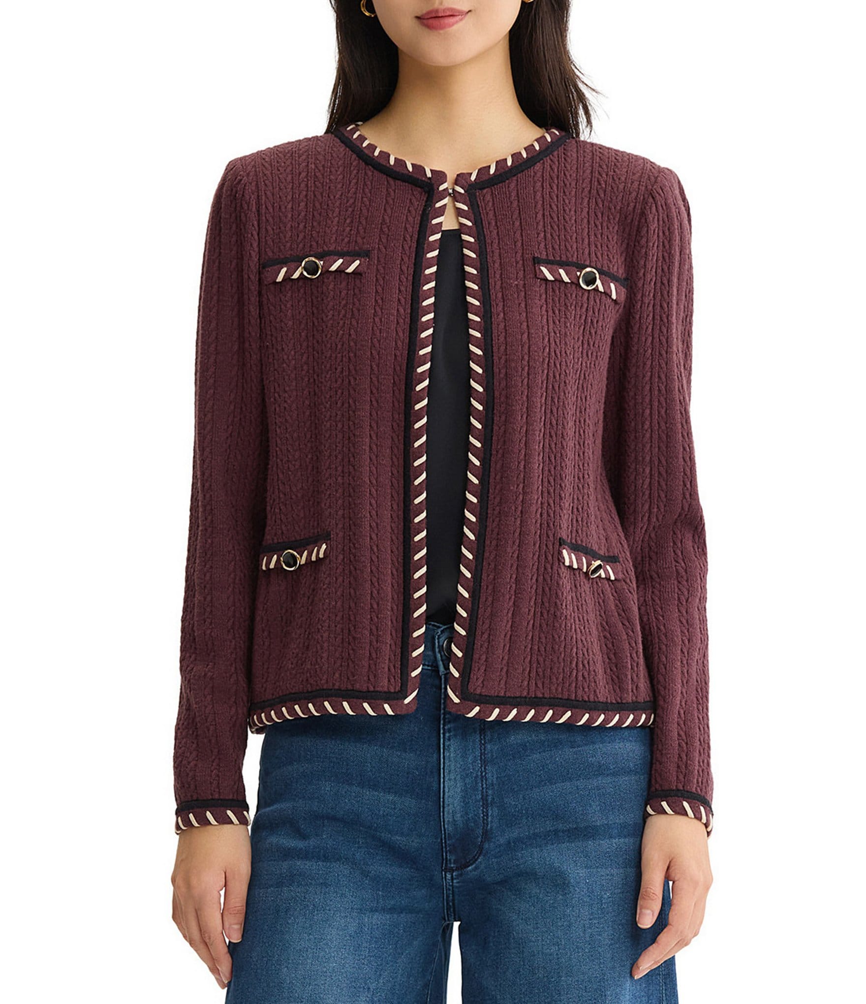 MISOOK Wrinkle Resistant Whipstitch Cable Knit Split Round Neck Long Sleeve Jacket