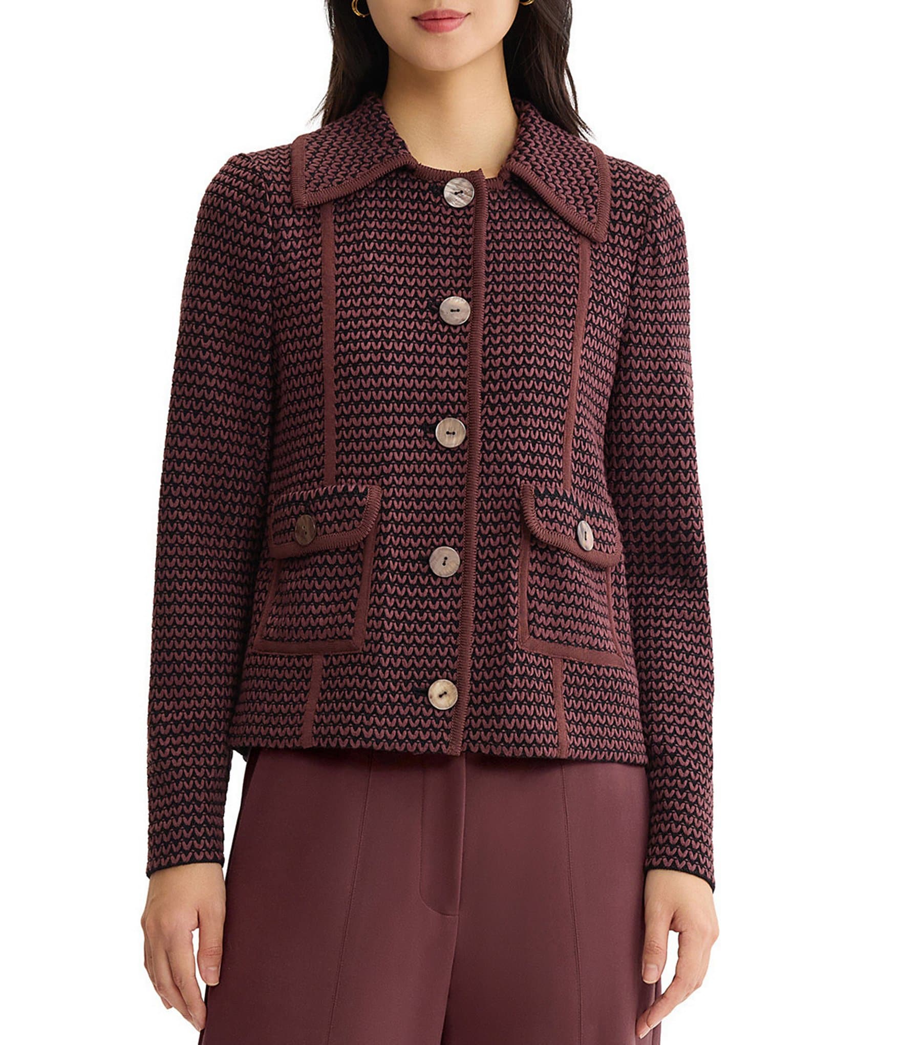 MISOOK Wrinkle-Resistant Zig-Zag Knit Point Collar Long Sleeve Button-Front Jacket