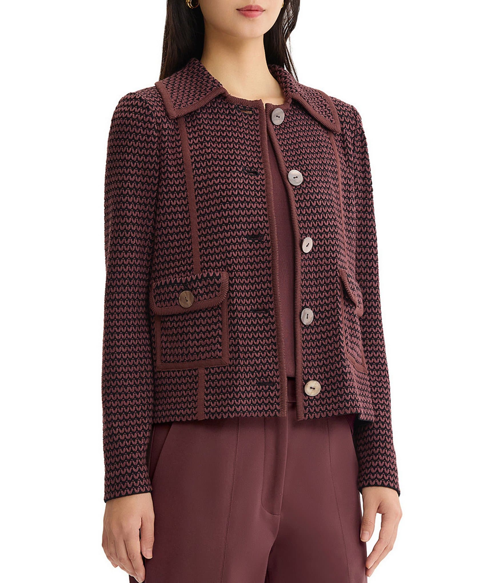 MISOOK Wrinkle-Resistant Zig-Zag Knit Point Collar Long Sleeve Button-Front Jacket