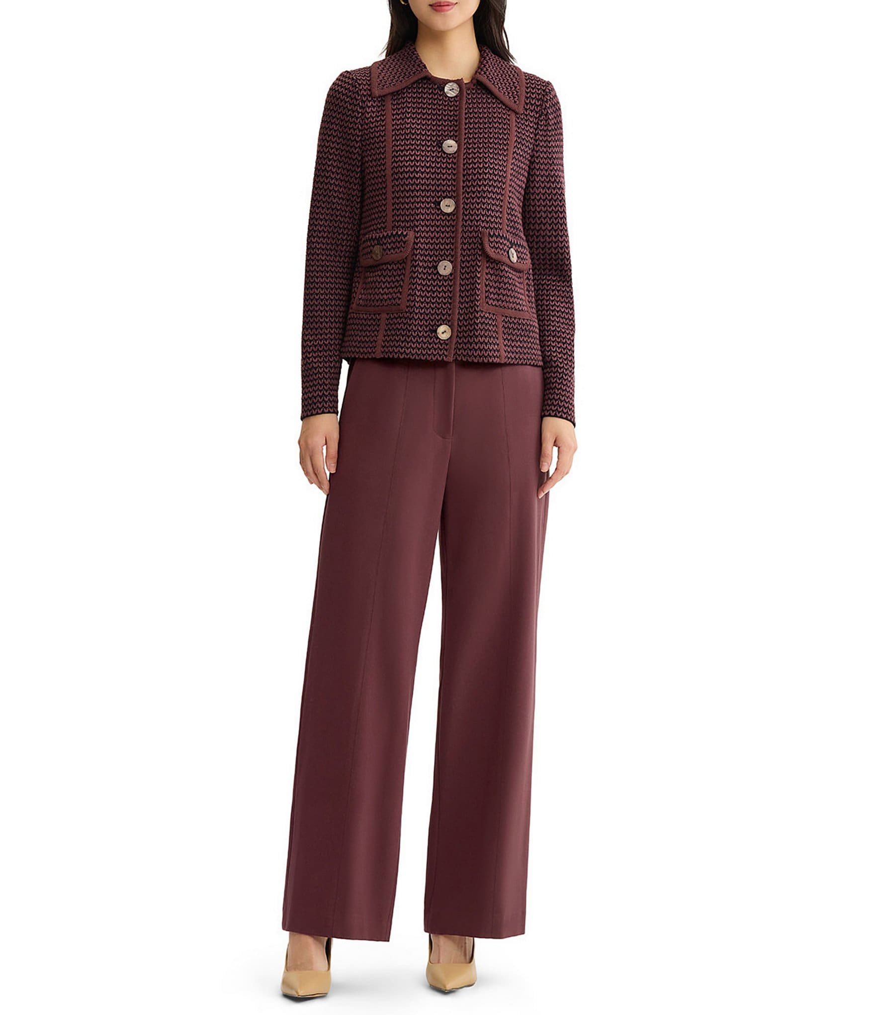 MISOOK Wrinkle-Resistant Zig-Zag Knit Point Collar Long Sleeve Button-Front Jacket