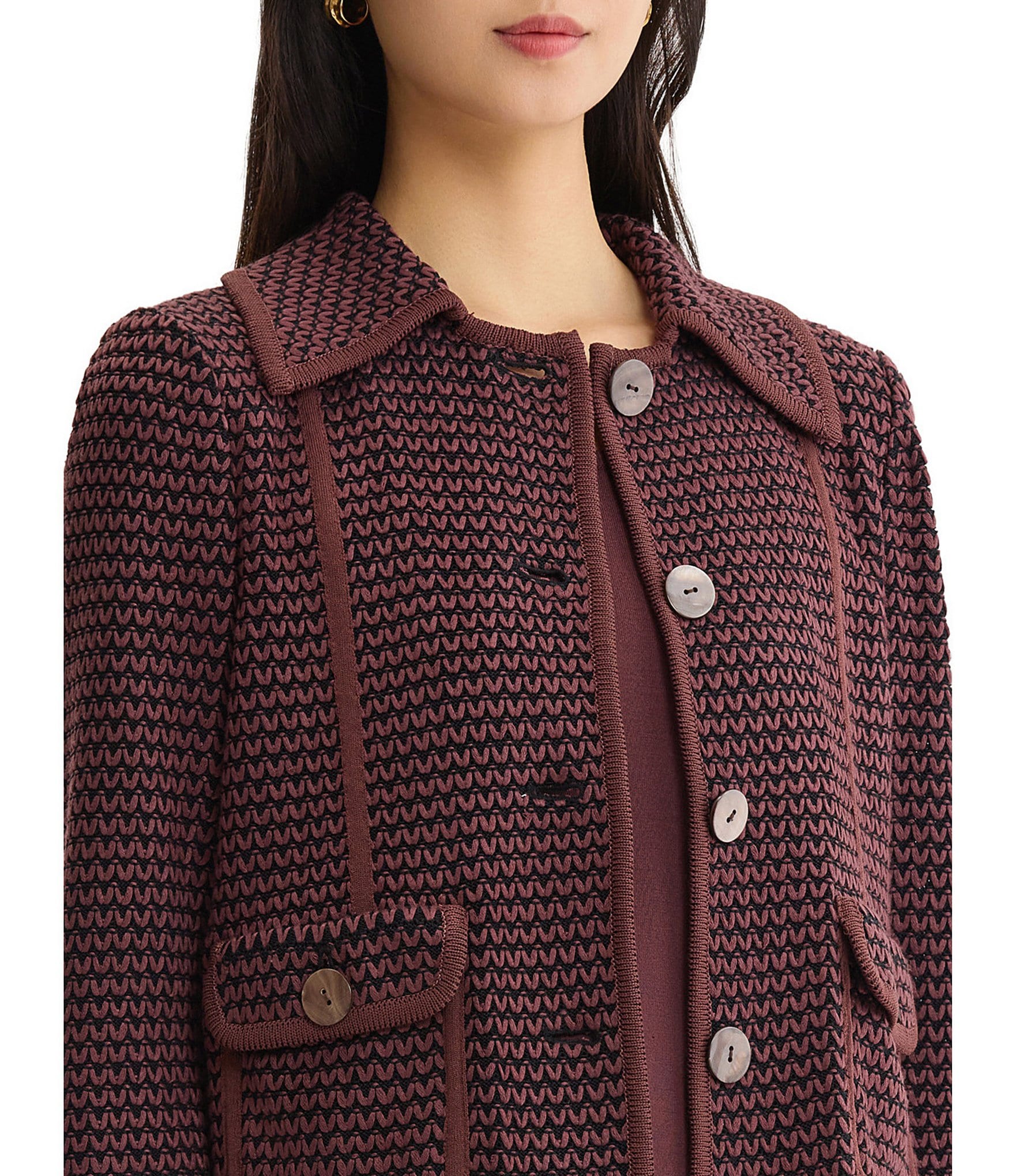 MISOOK Wrinkle-Resistant Zig-Zag Knit Point Collar Long Sleeve Button-Front Jacket
