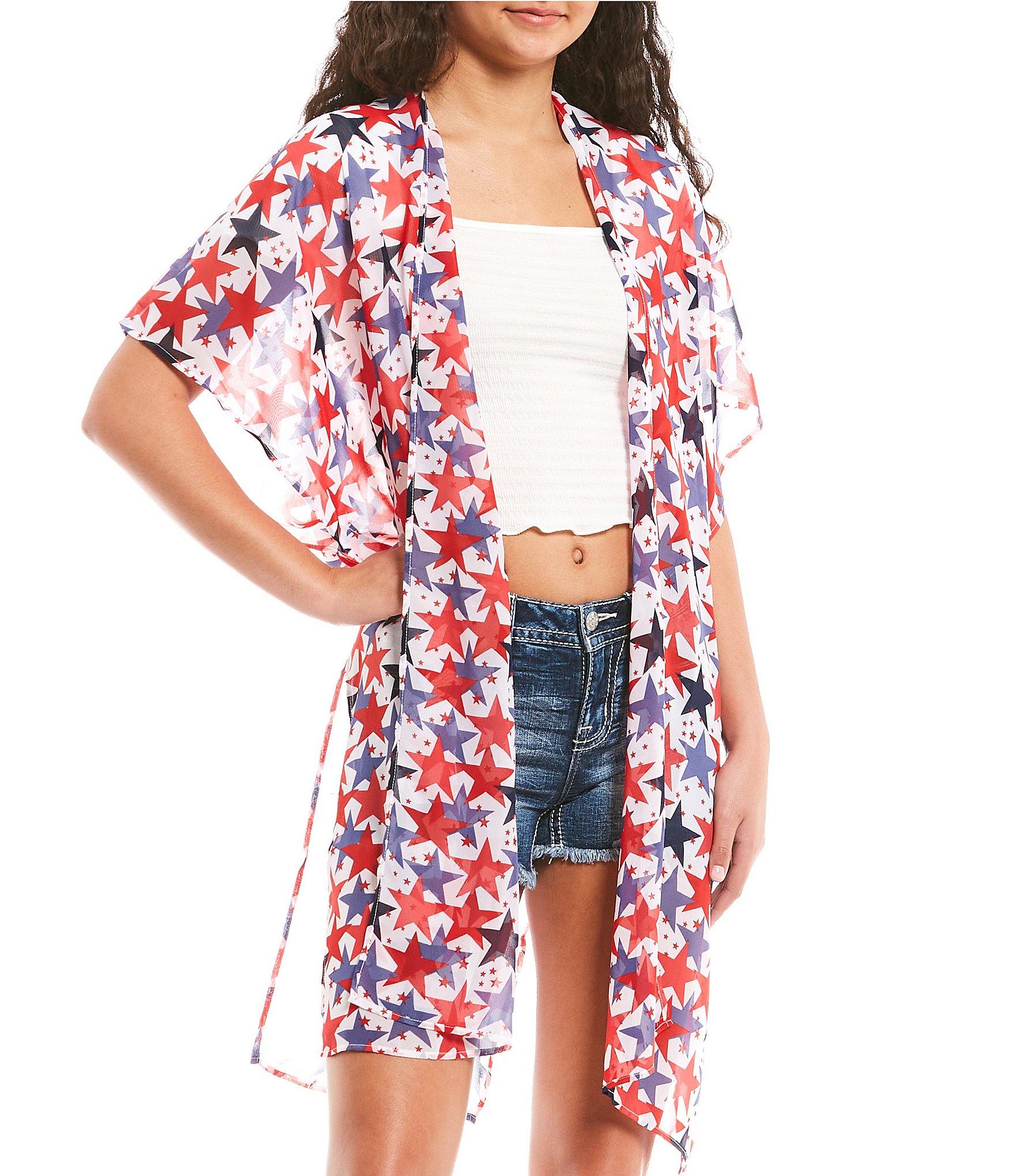 Miss Chievous Allover Star Print Short Sleeve Open Front Kimono | Dillard's