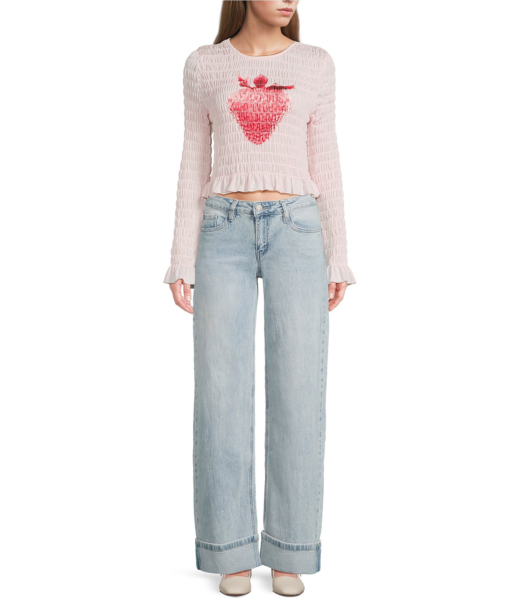 Miss Chievous Strawberry Graphic Shirred Long Sleeve Top