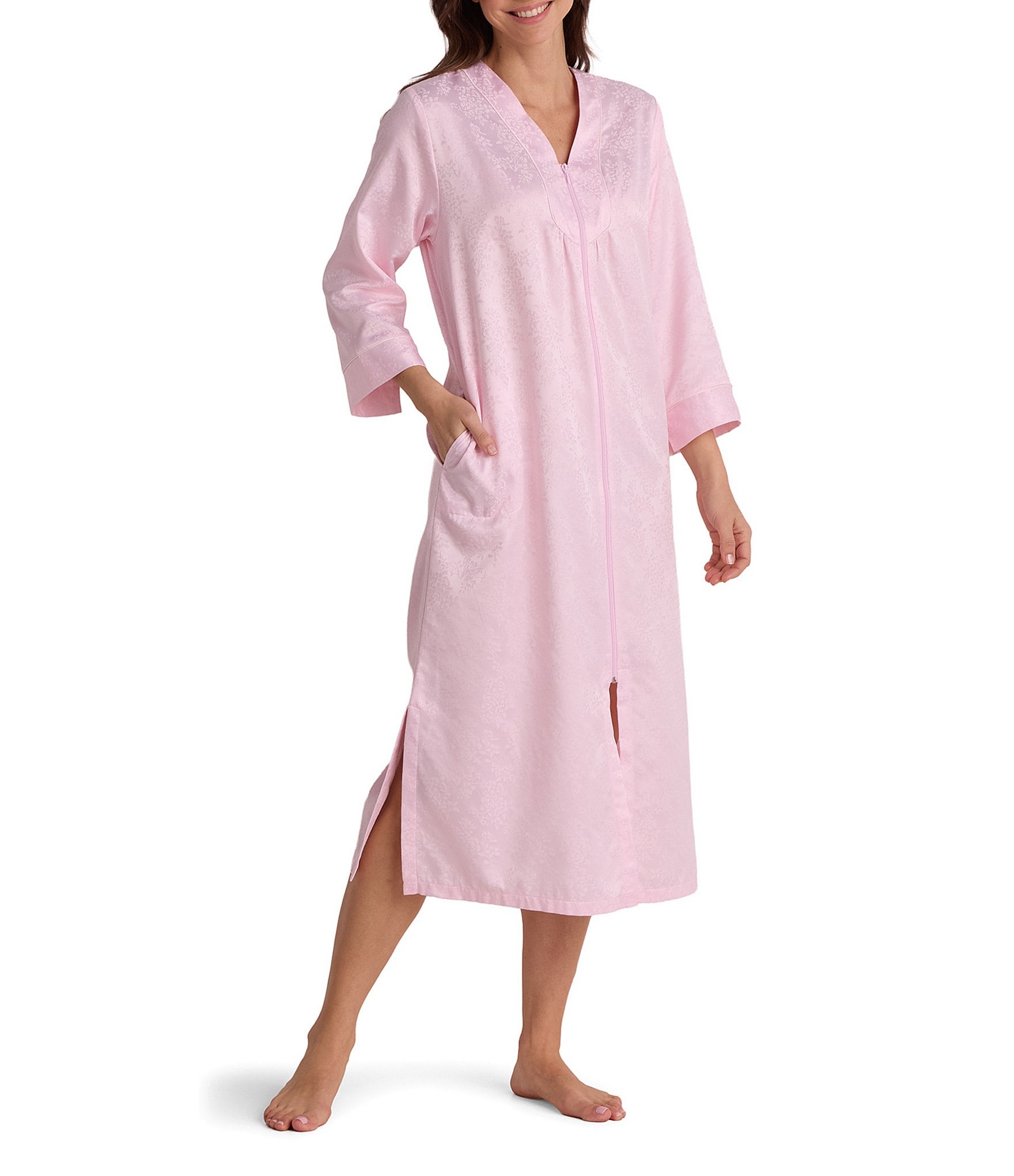Miss Elaine Brushed Back Satin Long Zip-Front Robe