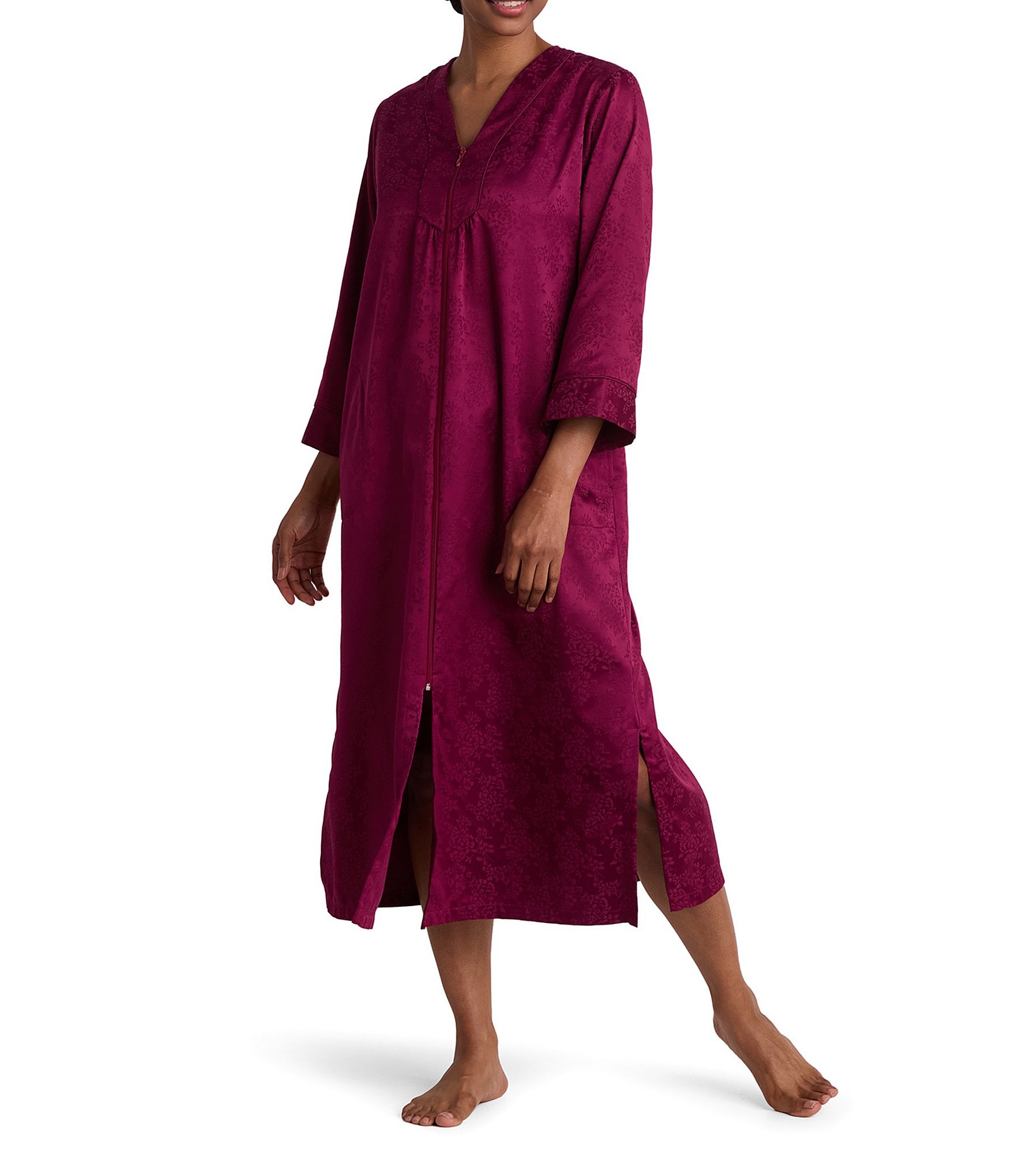 Miss Elaine Brushed Back Satin Long Zip-Front Robe
