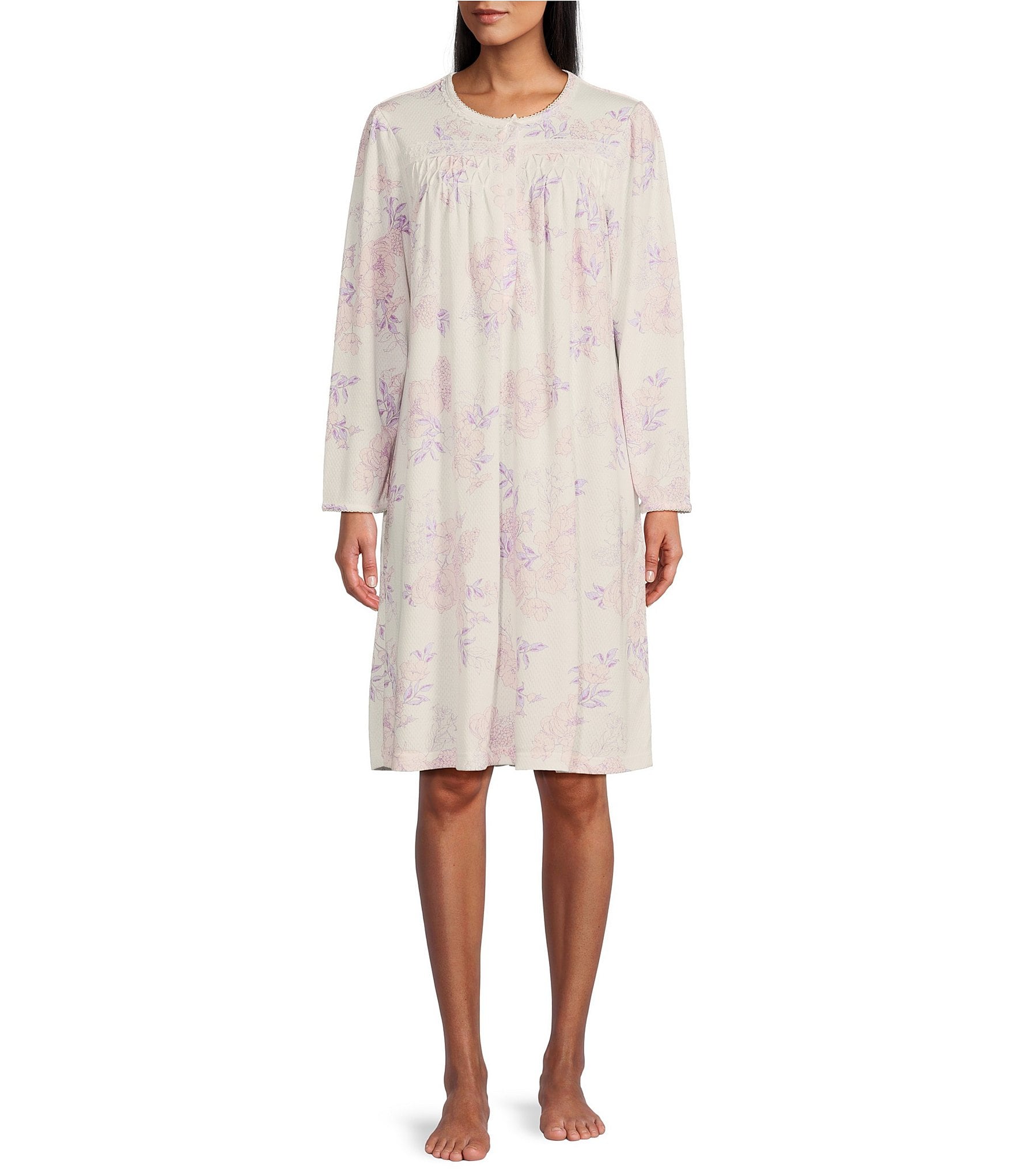 Miss Elaine Brushed Bouquet Printed Honeycomb Knit Short Nightgown ...