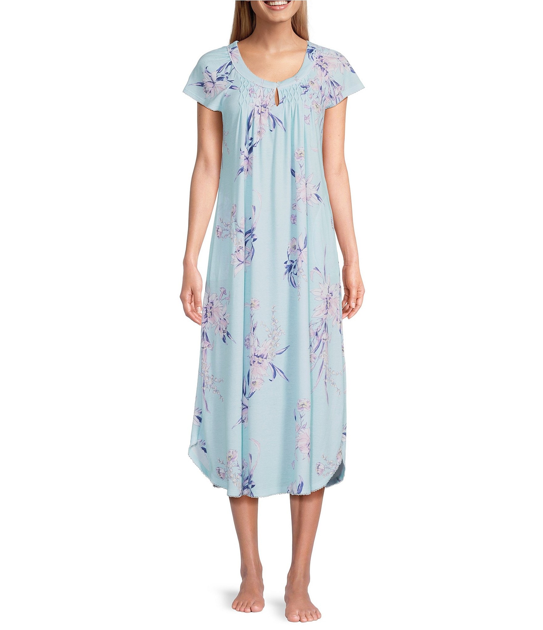 Miss Elaine Cottonessa Floral Print Short Sleeve Round Neck Long Nightgown