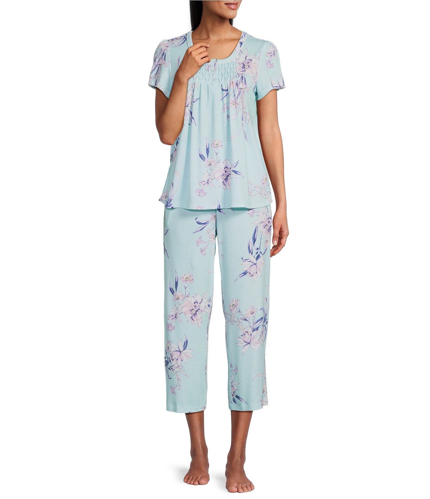 Miss Elaine Cottonessa Floral Print Short Sleeve Round Neck Soft Interlock Knit Capri Pajama Set Dillard s